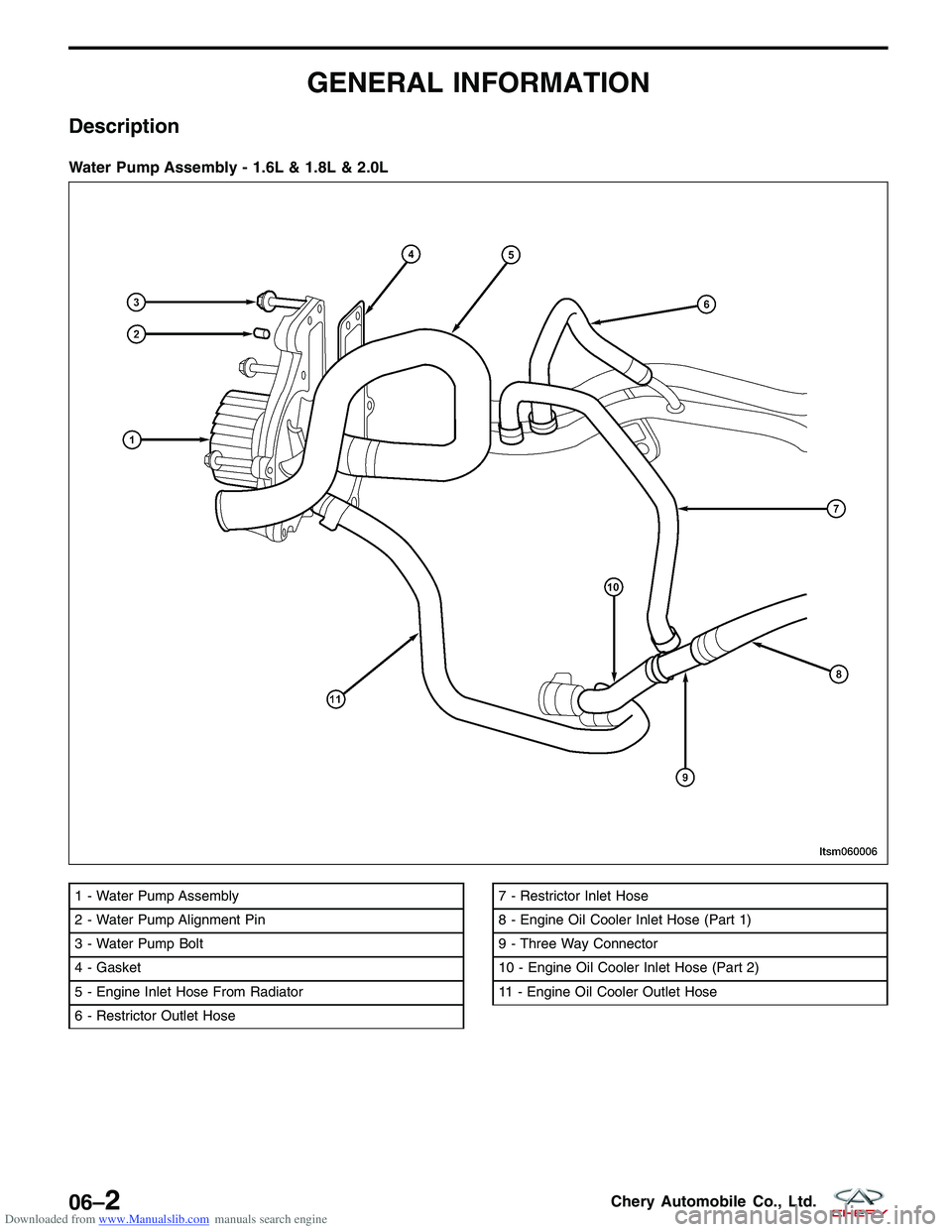 CHERY TIGGO 2009  Service Repair Manual Downloaded from www.Manualslib.com manuals search engine GENERAL INFORMATION
Description
Water Pump Assembly - 1.6L & 1.8L & 2.0L
1 - Water Pump Assembly
2 - Water Pump Alignment Pin
3 - Water Pump Bo