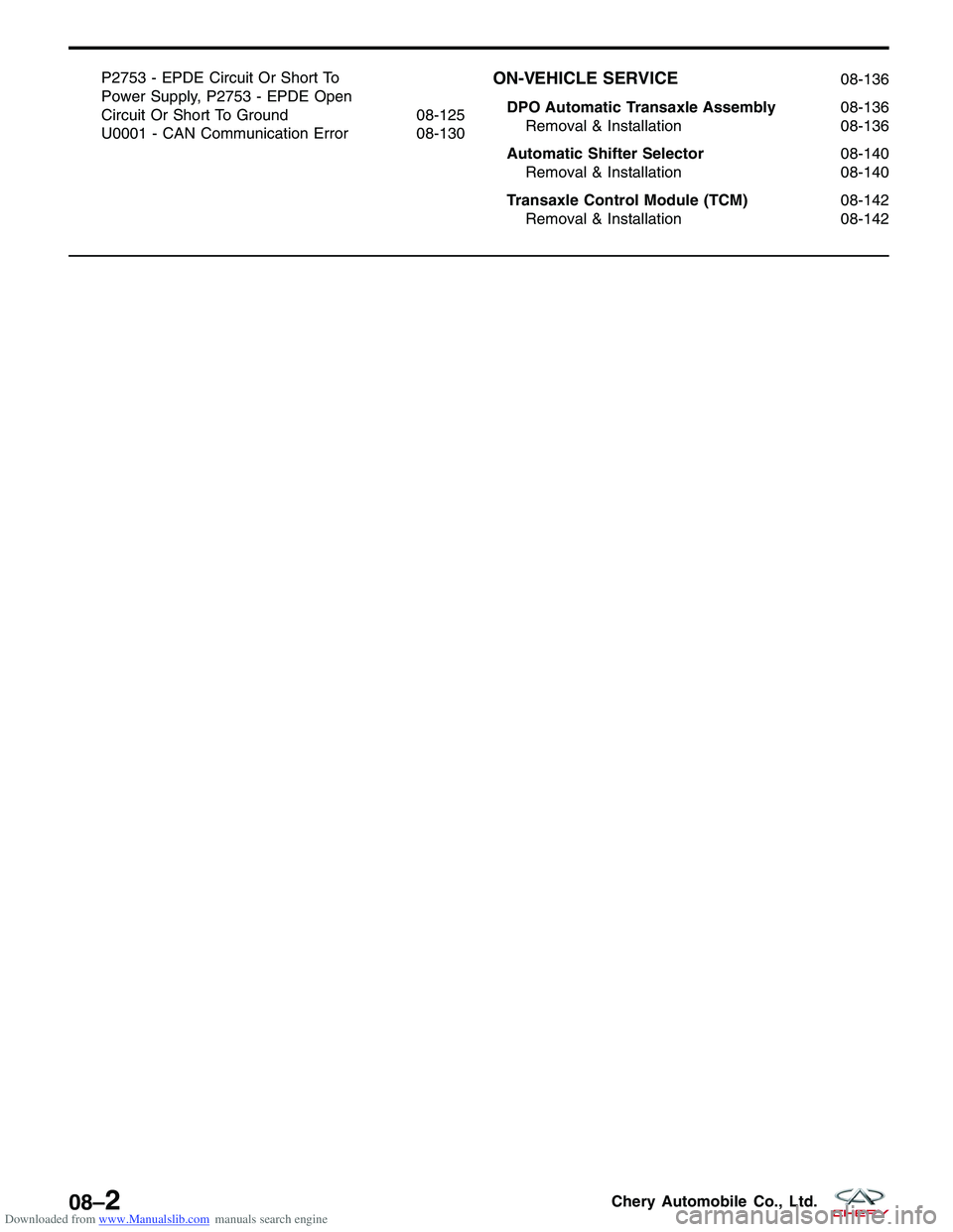 CHERY TIGGO 2009 Service Repair Manual Downloaded from www.Manualslib.com manuals search engine P2753 - EPDE Circuit Or Short To
Power Supply, P2753 - EPDE Open
Circuit Or Short To Ground 08-125
U0001 - CAN Communication Error 08-130ON-VEH CHERY TIGGO 2009 Service Repair Manual Downloaded from www.Manualslib.com manuals search engine P2753 - EPDE Circuit Or Short To
Power Supply, P2753 - EPDE Open
Circuit Or Short To Ground 08-125
U0001 - CAN Communication Error 08-130ON-VEH