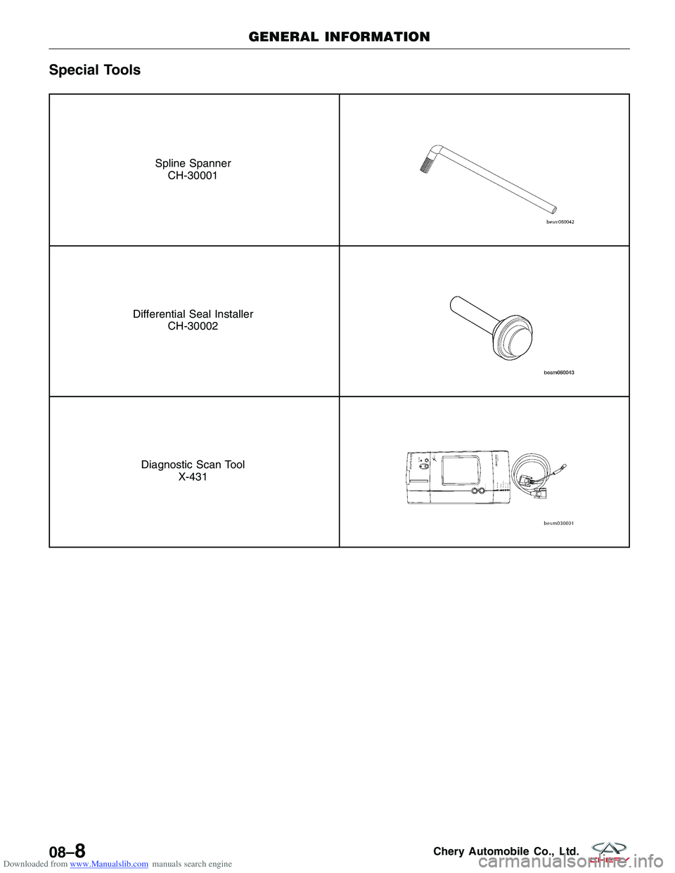 CHERY TIGGO 2009 Service Repair Manual Downloaded from www.Manualslib.com manuals search engine Special Tools
Spline SpannerCH-30001
Differential Seal Installer CH-30002
Diagnostic Scan Tool X-431
GENERAL INFORMATION
08–8Chery Automobile CHERY TIGGO 2009 Service Repair Manual Downloaded from www.Manualslib.com manuals search engine Special Tools
Spline SpannerCH-30001
Differential Seal Installer CH-30002
Diagnostic Scan Tool X-431
GENERAL INFORMATION
08–8Chery Automobile
