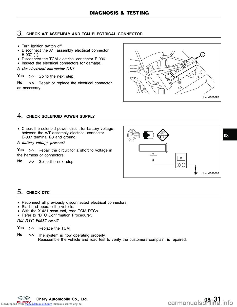 CHERY TIGGO 2009  Service Repair Manual Downloaded from www.Manualslib.com manuals search engine 3.CHECK A/T ASSEMBLY AND TCM ELECTRICAL CONNECTOR
• Turn ignition switch off.
• Disconnect the A/T assembly electrical connector
E-037 (1).