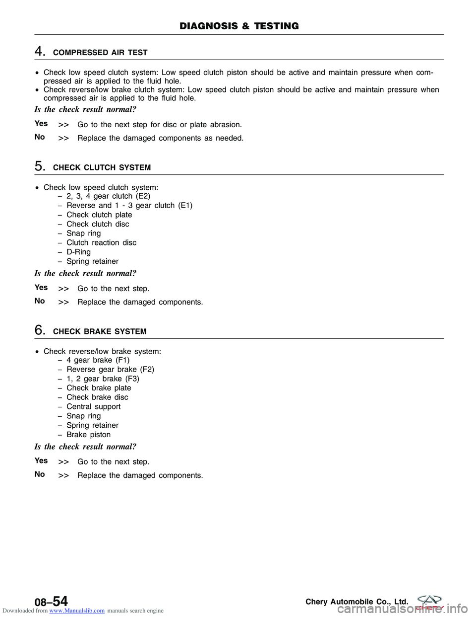 CHERY TIGGO 2009  Service Repair Manual Downloaded from www.Manualslib.com manuals search engine 4.COMPRESSED AIR TEST
• Check low speed clutch system: Low speed clutch piston should be active and maintain pressure when com-
pressed air i