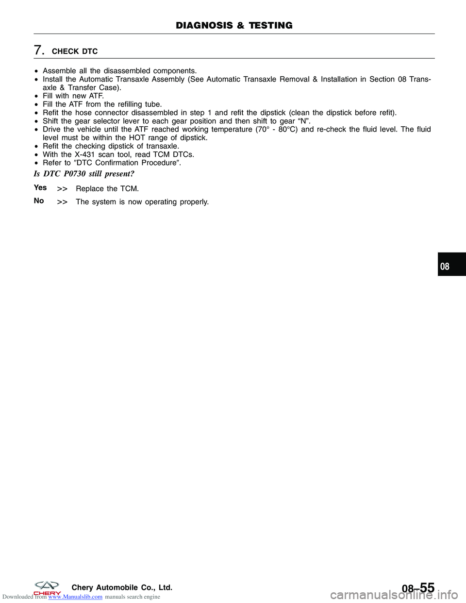 CHERY TIGGO 2009  Service Repair Manual Downloaded from www.Manualslib.com manuals search engine 7.CHECK DTC
• Assemble all the disassembled components.
• Install the Automatic Transaxle Assembly (See Automatic Transaxle Removal & Insta