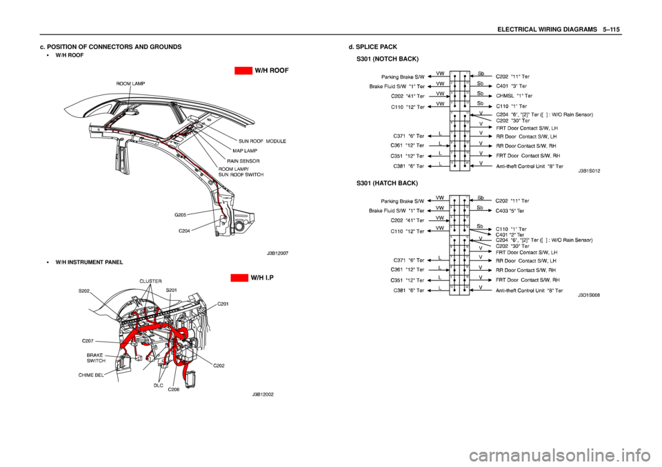 DAEWOO LACETTI 2004  Service Repair Manual ELECTRICAL WIRING DIAGRAMSW5–115
c. POSITION OF CONNECTORS AND GROUNDS
S W/H ROOF
S  W/H INSTRUMENT PANEL
d. SPLICE PACK
S301 (NOTCH BACK)
S301 (HATCH BACK) 