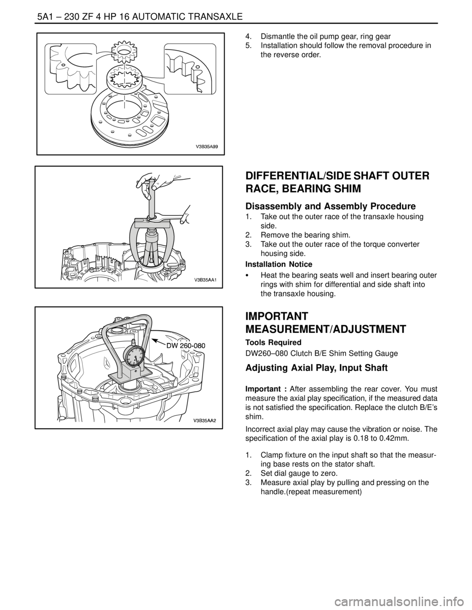 DAEWOO LACETTI 2004  Service Repair Manual 5A1 – 230IZF 4 HP 16 AUTOMATIC TRANSAXLE
DAEWOO V–121 BL4
4.  Dismantle the oil pump gear, ring gear
5.  Installation should follow the removal procedure in
the reverse order.
DIFFERENTIAL/SIDE SH