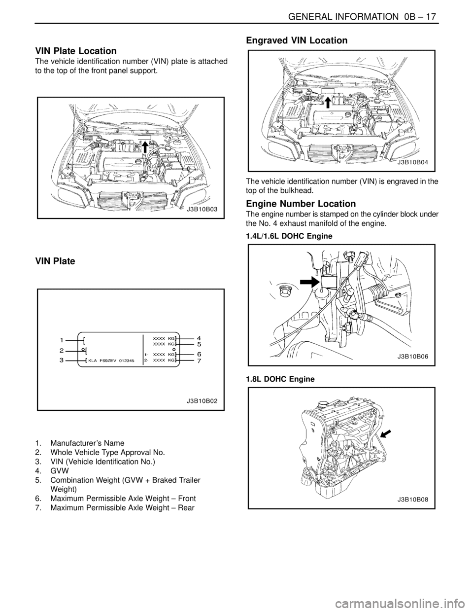 DAEWOO LACETTI 2004  Service Repair Manual GENERAL INFORMATION  0B – 17
DAEWOO V–121 BL4
VIN Plate Location
The vehicle identification number (VIN) plate is attached
to the top of the front panel support.
VIN Plate
1. Manufacturer ’s Nam