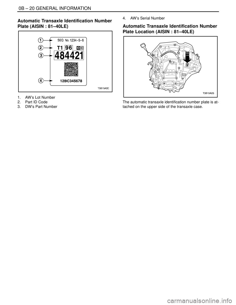 DAEWOO LACETTI 2004  Service Repair Manual 0B – 20IGENERAL INFORMATION
DAEWOO V–121 BL4
Automatic Transaxle Identification Number
Plate (AISIN : 81–40LE)
1.  AW’s Lot Number
2.  Part ID Code
3.  DW’s Part Number4.  AW’s Serial Numb