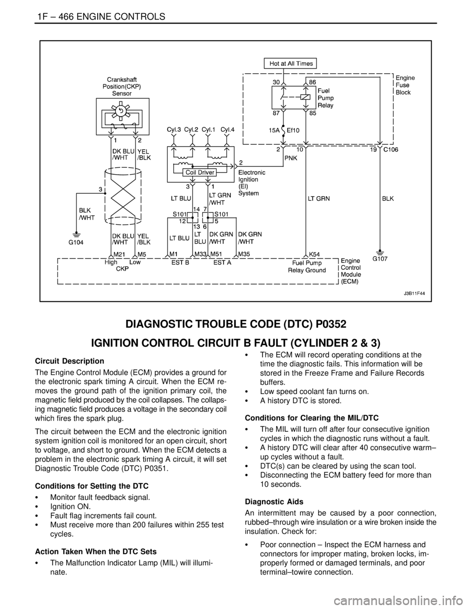 DAEWOO LACETTI 2004  Service User Guide 1F – 466IENGINE CONTROLS
DAEWOO V–121 BL4
DIAGNOSTIC TROUBLE CODE (DTC) P0352
IGNITION CONTROL CIRCUIT B FAULT (CYLINDER 2 & 3)
Circuit Description
The Engine Control Module (ECM) provides a groun