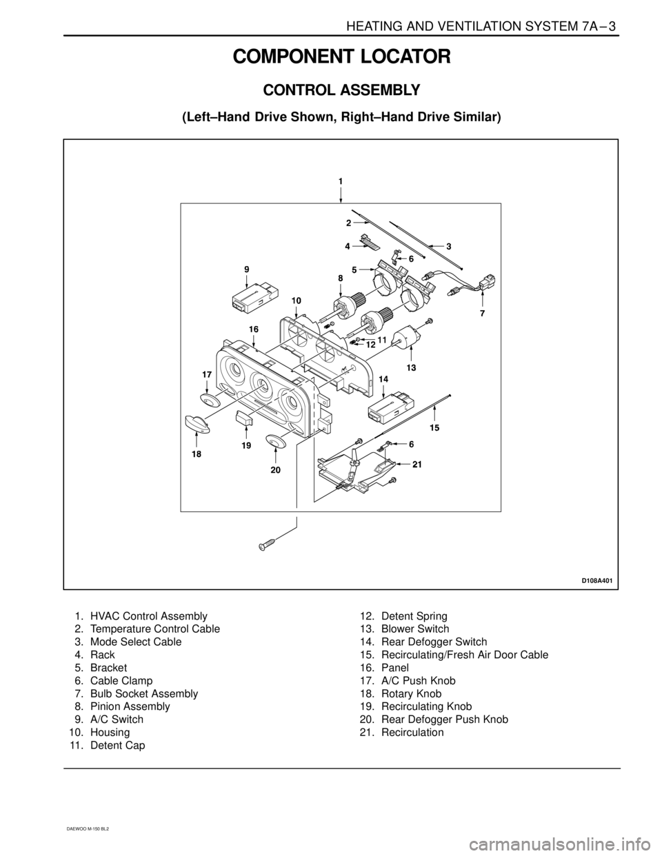 DAEWOO MATIZ 2003  Service Repair Manual HEATING AND VENTILATION SYSTEM 7A–3
DAEWOO M-150 BL2
COMPONENT LOCATOR
CONTROL ASSEMBLY
(Left–Hand  Drive Shown, Right–Hand Drive Similar)
D108A401
1. HVAC Control Assembly
2. Temperature Contro