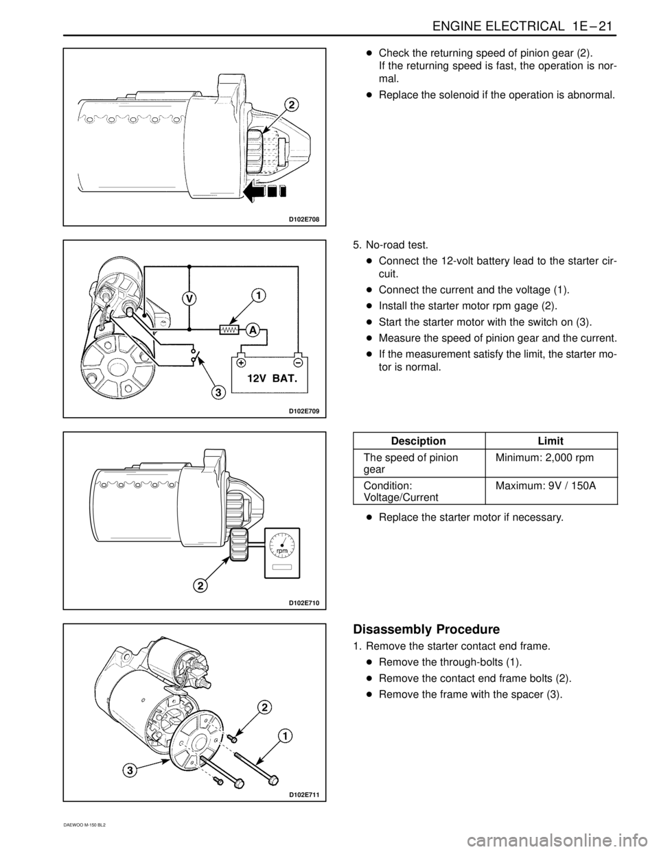 DAEWOO MATIZ 2003  Service Manual PDF ENGINE ELECTRICAL  1E–21
DAEWOO M-150 BL2
D102E708
Check the returning speed of pinion gear (2).
If the returning speed is fast, the operation is nor-
mal.
Replace the solenoid if the operation is