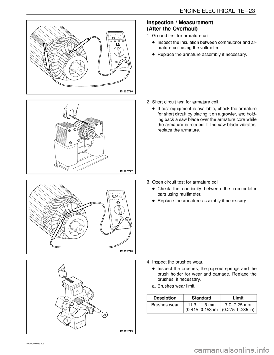 DAEWOO MATIZ 2003  Service Manual PDF ENGINE ELECTRICAL  1E–23
DAEWOO M-150 BL2
D102E716
Inspection  / Measurement
(After the Overhaul)
1. Ground test for armature coil.
Inspect the insulation between commutator and ar-
mature coil usi