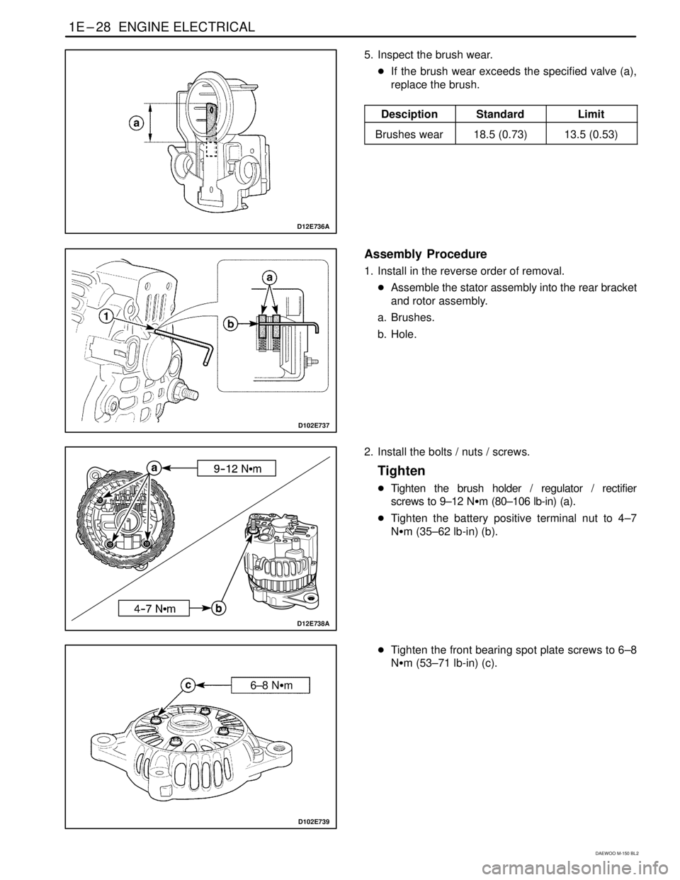 DAEWOO MATIZ 2003  Service Manual Online 1E–28  ENGINE ELECTRICAL
DAEWOO M-150 BL2
D12E736A
5. Inspect the brush wear.
If the brush wear exceeds the specified valve (a),
replace the brush.
DesciptionStandardLimit
Brushes wear18.5 (0.73)13