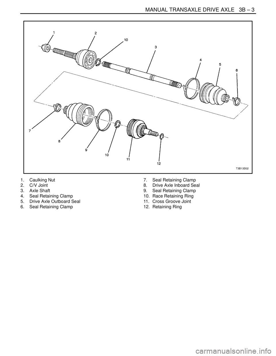 DAEWOO NUBIRA 2004  Service Repair Manual MANUAL TRANSAXLE DRIVE AXLE   3B – 3
DAEWOO V–121 BL4
1. Caulking Nut
2. C/V Joint
3. Axle Shaft
4.  Seal Retaining Clamp
5.  Drive Axle Outboard Seal
6.  Seal Retaining Clamp7.  Seal Retaining Cl