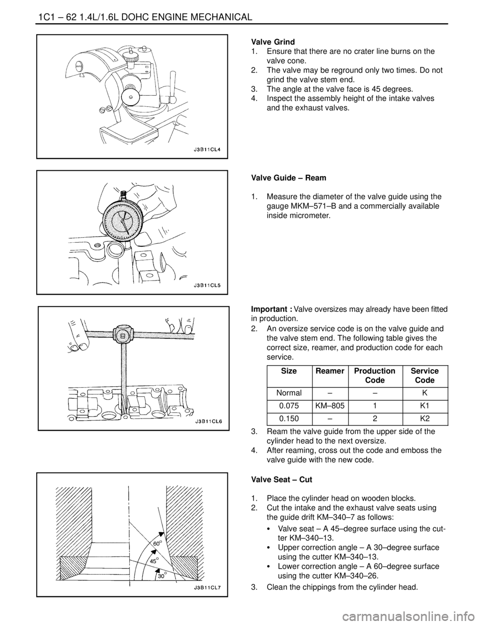 DAEWOO NUBIRA 2004 Service Repair Manual 1C1 – 62I1.4L/1.6L DOHC ENGINE MECHANICAL
DAEWOO V–121 BL4
Valve Grind
1. Ensure that there are no crater line burns on the
valve cone.
2. The valve may be reground only two times. Do not
grind DAEWOO NUBIRA 2004 Service Repair Manual 1C1 – 62I1.4L/1.6L DOHC ENGINE MECHANICAL
DAEWOO V–121 BL4
Valve Grind
1. Ensure that there are no crater line burns on the
valve cone.
2. The valve may be reground only two times. Do not
grind
