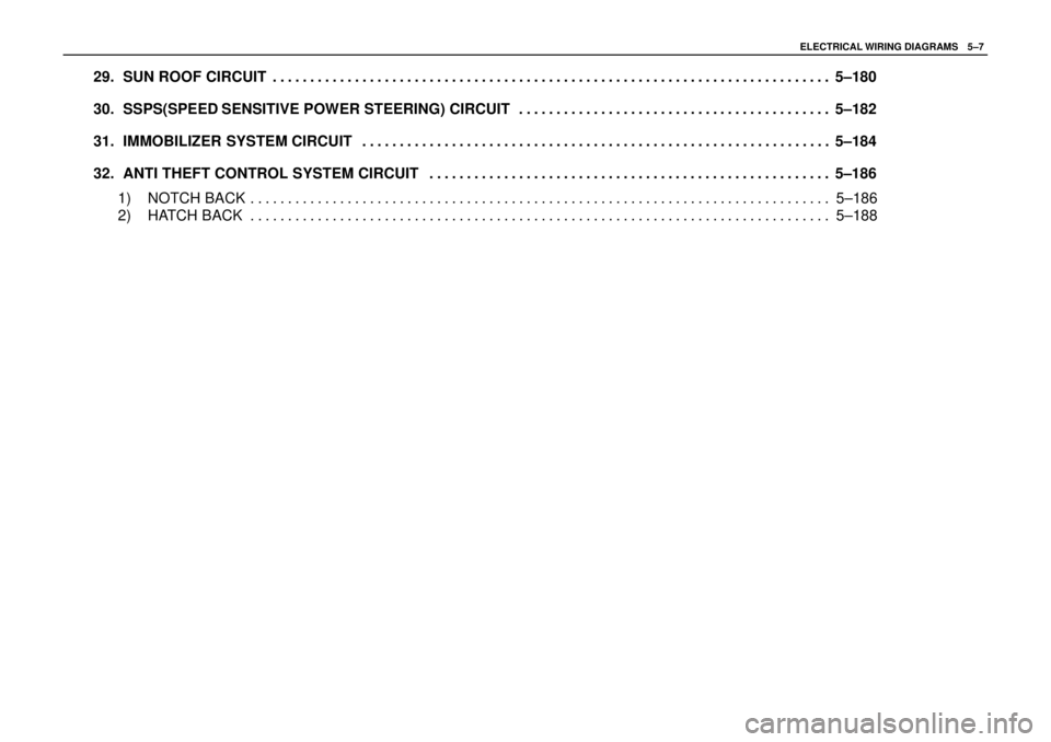 DAEWOO NUBIRA 2004  Service Repair Manual ELECTRICAL WIRING DIAGRAMSW5–7
29. SUN ROOF CIRCUIT5–180 . . . . . . . . . . . . . . . . . . . . . . . . . . . . . . . . . . . . . . . . . . . . . . . . . . . . . . . . . . . . . . . . . . . . . .