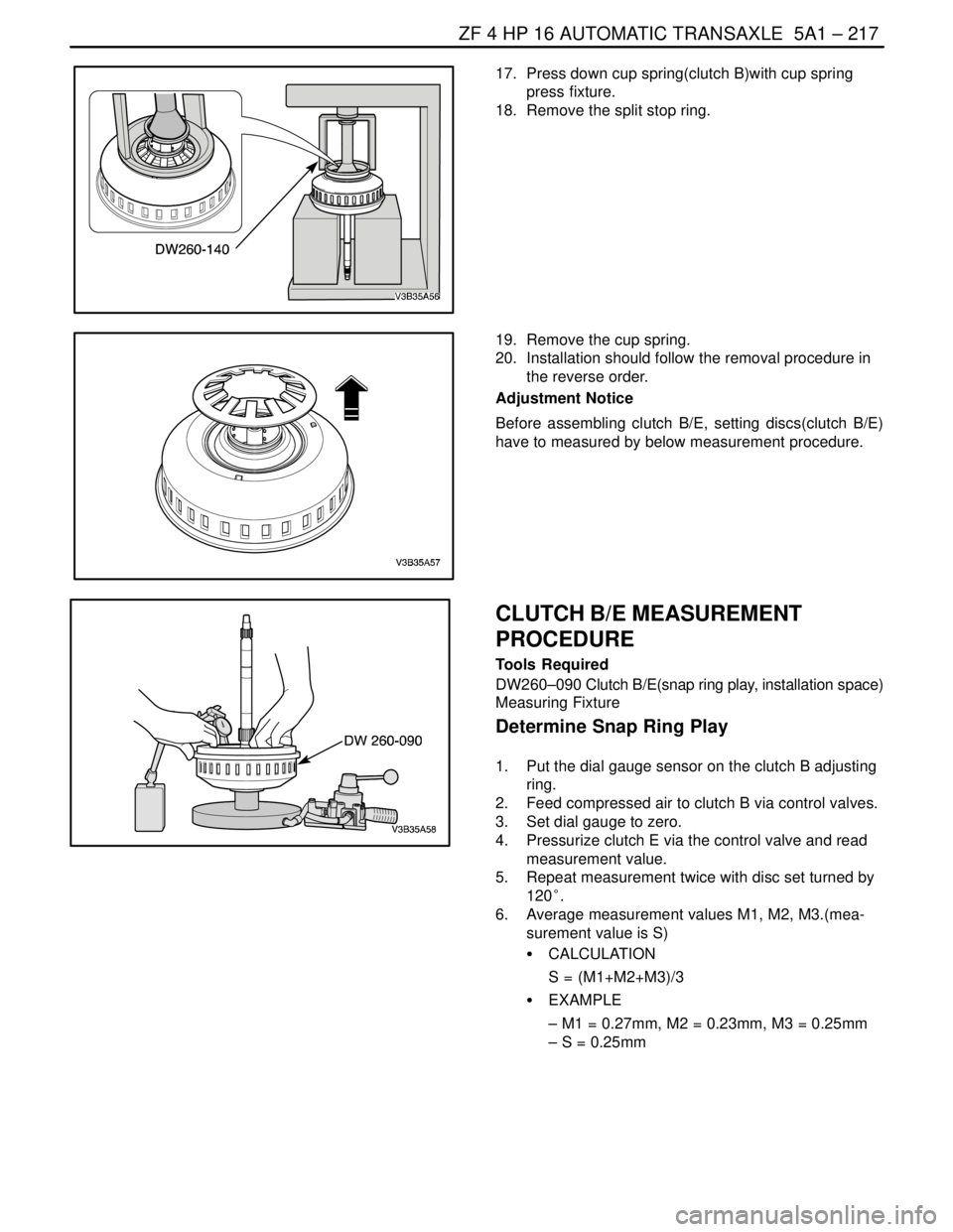 DAEWOO NUBIRA 2004 Service Repair Manual ZF 4 HP 16 AUTOMATIC TRANSAXLE 5A1 – 217
DAEWOO V–121 BL4
17. Press down cup spring(clutch B)with cup spring
press fixture.
18. Remove the split stop ring.
19. Remove the cup spring.
20. Inst DAEWOO NUBIRA 2004 Service Repair Manual ZF 4 HP 16 AUTOMATIC TRANSAXLE 5A1 – 217
DAEWOO V–121 BL4
17. Press down cup spring(clutch B)with cup spring
press fixture.
18. Remove the split stop ring.
19. Remove the cup spring.
20. Inst