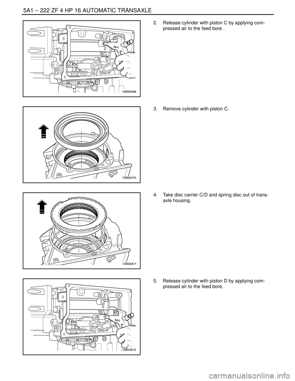 DAEWOO NUBIRA 2004  Service Repair Manual 5A1 – 222IZF 4 HP 16 AUTOMATIC TRANSAXLE
DAEWOO V–121 BL4
2.  Release cylinder with piston C by applying com-
pressed air to the feed bore .
3.  Remove cylinder with piston C.
4.  Take disc carrie