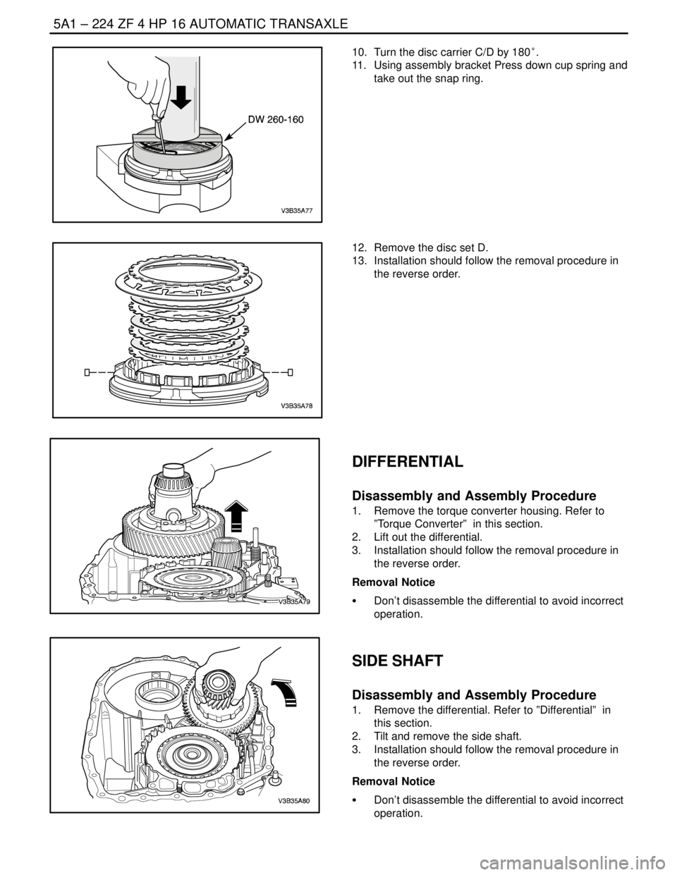 DAEWOO NUBIRA 2004  Service Repair Manual 5A1 – 224IZF 4 HP 16 AUTOMATIC TRANSAXLE
DAEWOO V–121 BL4
10.  Turn the disc carrier C/D by 180°.
11.  Using assembly bracket Press down cup spring and
take out the snap ring.
12.  Remove the dis