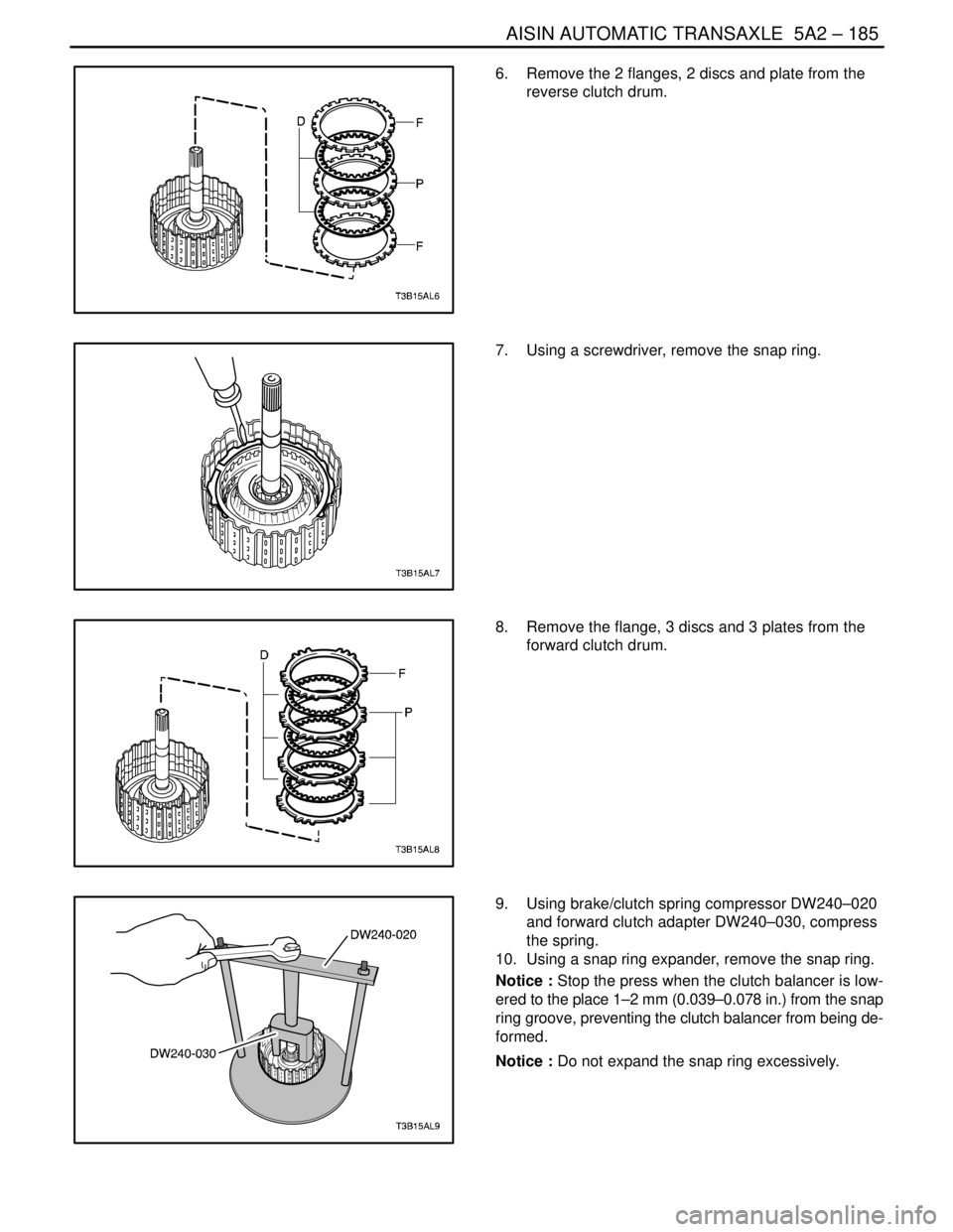DAEWOO NUBIRA 2004  Service Repair Manual AISIN AUTOMATIC TRANSAXLE  5A2 – 185
DAEWOO V–121 BL4
6.  Remove the 2 flanges, 2 discs and plate from the
reverse clutch drum.
7.  Using a screwdriver, remove the snap ring.
8.  Remove the flange