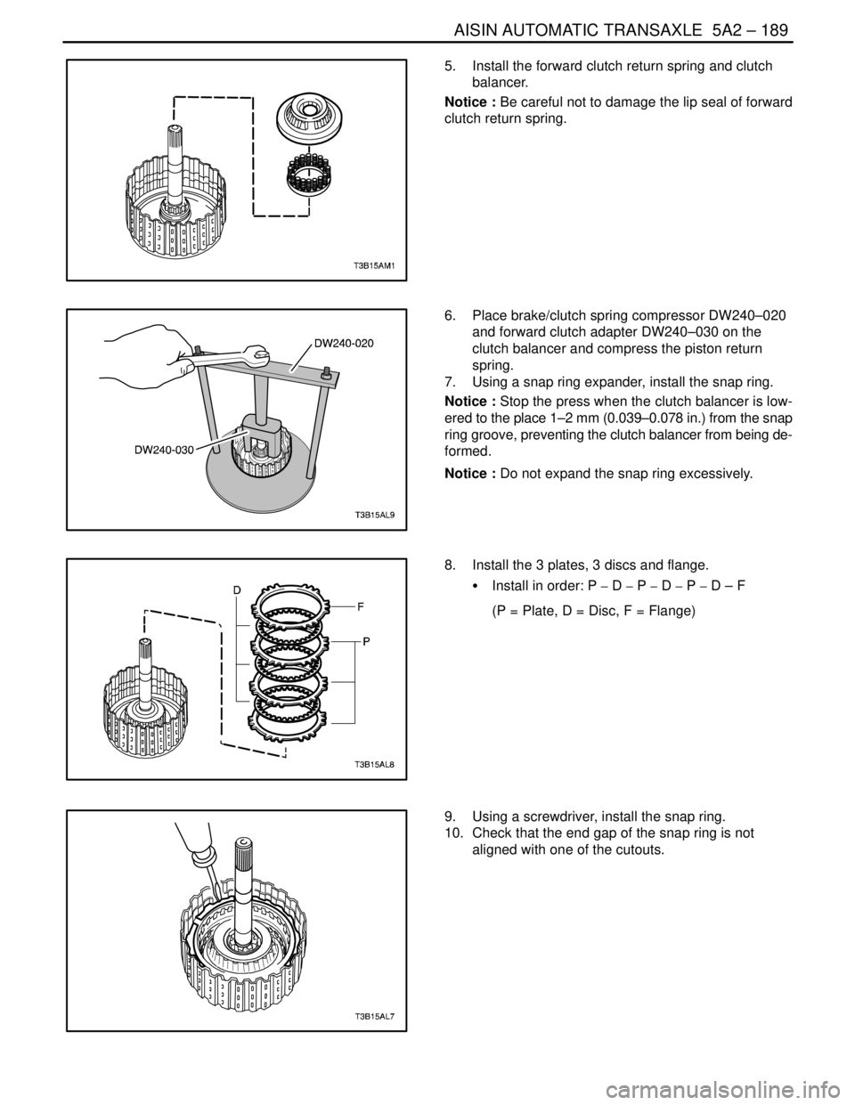 DAEWOO NUBIRA 2004  Service Repair Manual AISIN AUTOMATIC TRANSAXLE  5A2 – 189
DAEWOO V–121 BL4
5.  Install the forward clutch return spring and clutch
balancer.
Notice : Be careful not to damage the lip seal of forward
clutch return spri