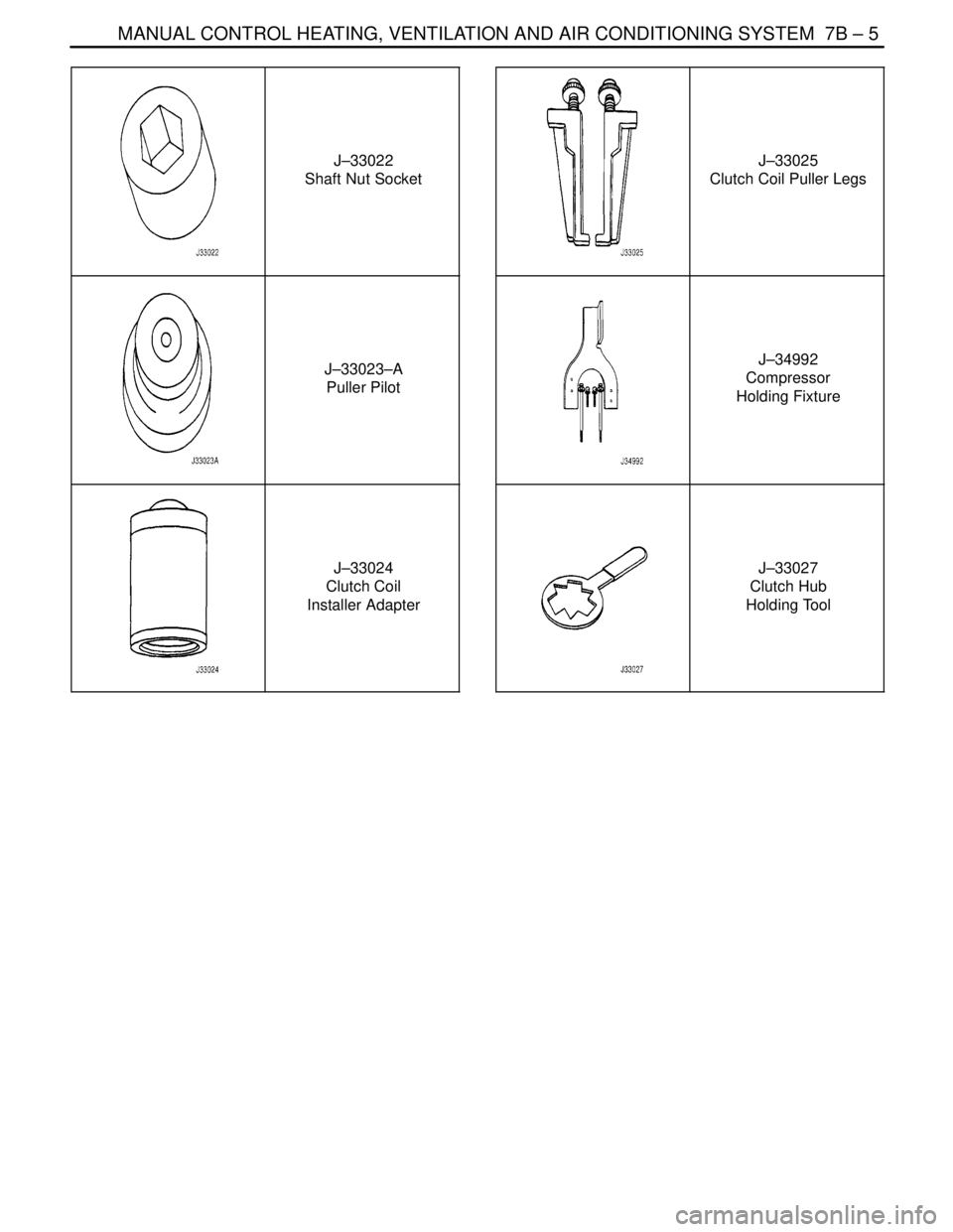DAEWOO NUBIRA 2004  Service Repair Manual MANUAL CONTROL HEATING, VENTILATION AND AIR CONDITIONING SYSTEM  7B – 5
DAEWOO V–121 BL4
J–33022
Shaft Nut Socket
J–33023–A
Puller Pilot
J–33024
Clutch Coil
Installer Adapter
J–33025
Clu
