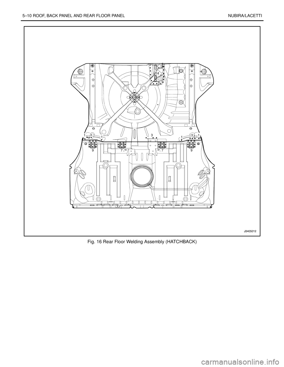 DAEWOO NUBIRA 2004 Service Repair Manual 5–10 ROOF, BACK PANEL AND REAR FLOOR PANEL NUBIRA/LACETTI
4
13
1
97 7 911 3 314
Fig. 16 Rear Floor Welding Assembly (HATCHBACK) DAEWOO NUBIRA 2004 Service Repair Manual 5–10 ROOF, BACK PANEL AND REAR FLOOR PANEL NUBIRA/LACETTI
4
13
1
97 7 911 3 314
Fig. 16 Rear Floor Welding Assembly (HATCHBACK)