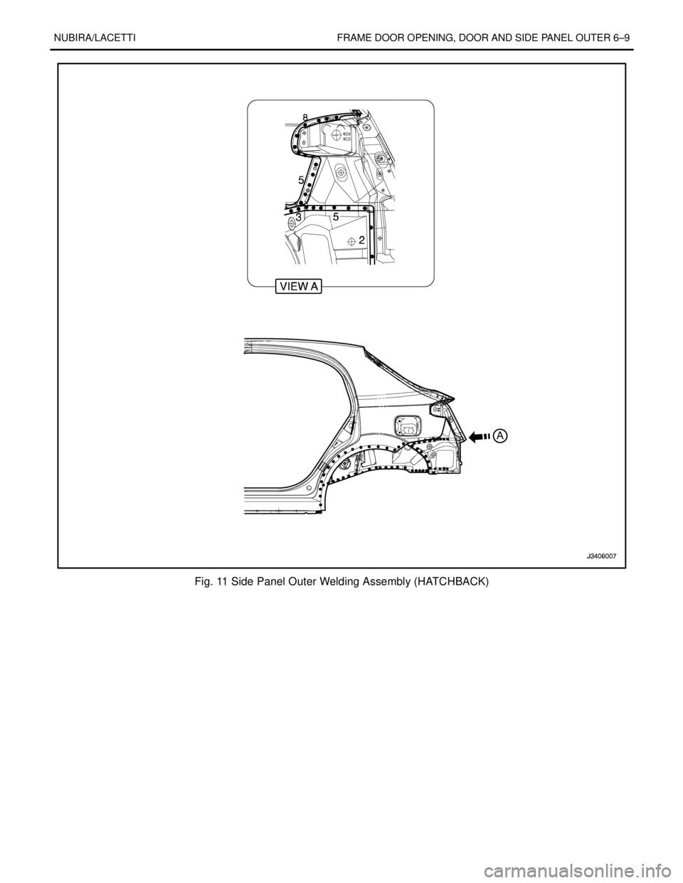 DAEWOO NUBIRA 2004 Service Repair Manual NUBIRA/LACETTI FRAME DOOR OPENING, DOOR AND SIDE PANEL OUTER 6–9
Fig. 11 Side Panel Outer Welding Assembly (HATCHBACK) DAEWOO NUBIRA 2004 Service Repair Manual NUBIRA/LACETTI FRAME DOOR OPENING, DOOR AND SIDE PANEL OUTER 6–9
Fig. 11 Side Panel Outer Welding Assembly (HATCHBACK)