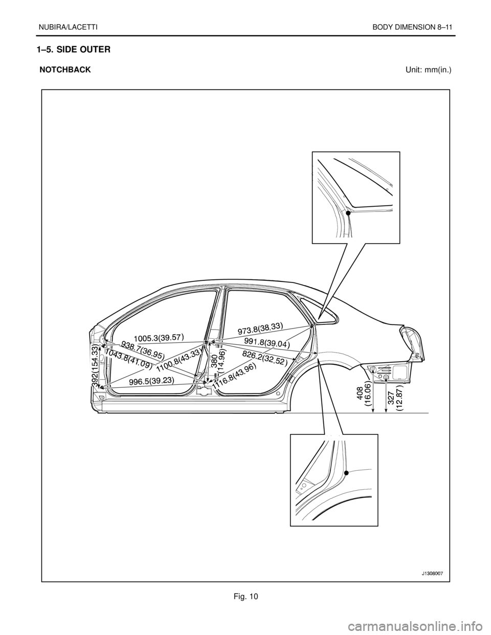 DAEWOO NUBIRA 2004 Service Repair Manual NUBIRA/LACETTIBODY DIMENSION 8–11
1–5. SIDE OUTER
NOTCHBACKUnit: mm(in.)
Fig. 10 DAEWOO NUBIRA 2004 Service Repair Manual NUBIRA/LACETTIBODY DIMENSION 8–11
1–5. SIDE OUTER
NOTCHBACKUnit: mm(in.)
Fig. 10