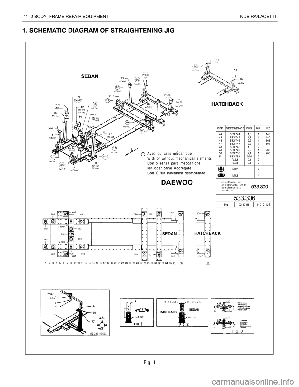 DAEWOO NUBIRA 2004  Service Repair Manual 11–2 BODY–FRAME REPAIR EQUIPMENT NUBIRA/LACETTI
1. SCHEMATIC DIAGRAM OF STRAIGHTENING JIG
Fig. 1 