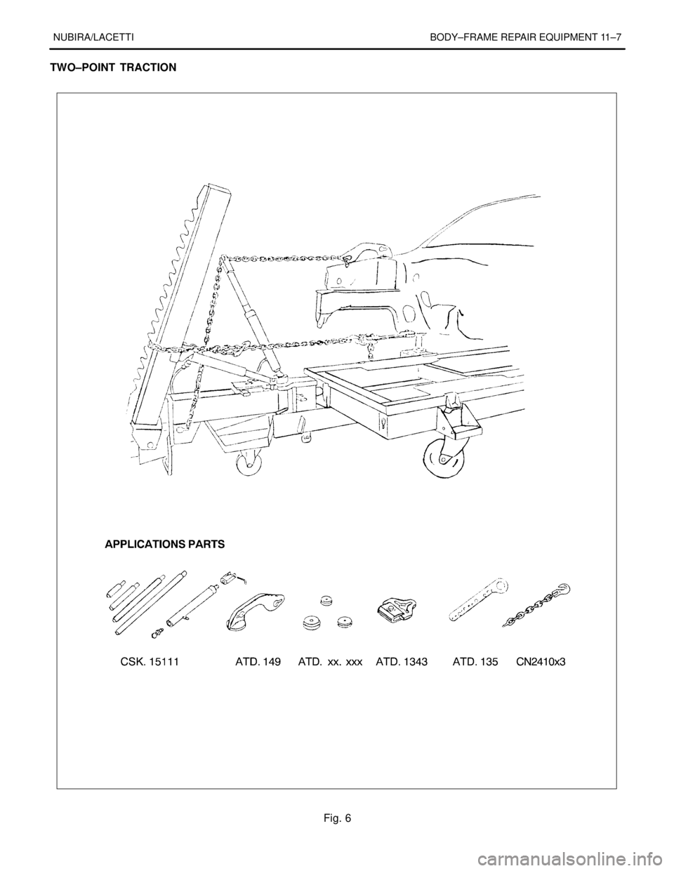 DAEWOO NUBIRA 2004 Service Repair Manual NUBIRA/LACETTI BODY–FRAME REPAIR EQUIPMENT 11–7
TWO–POINT TRACTION
Fig. 6 DAEWOO NUBIRA 2004 Service Repair Manual NUBIRA/LACETTI BODY–FRAME REPAIR EQUIPMENT 11–7
TWO–POINT TRACTION
Fig. 6