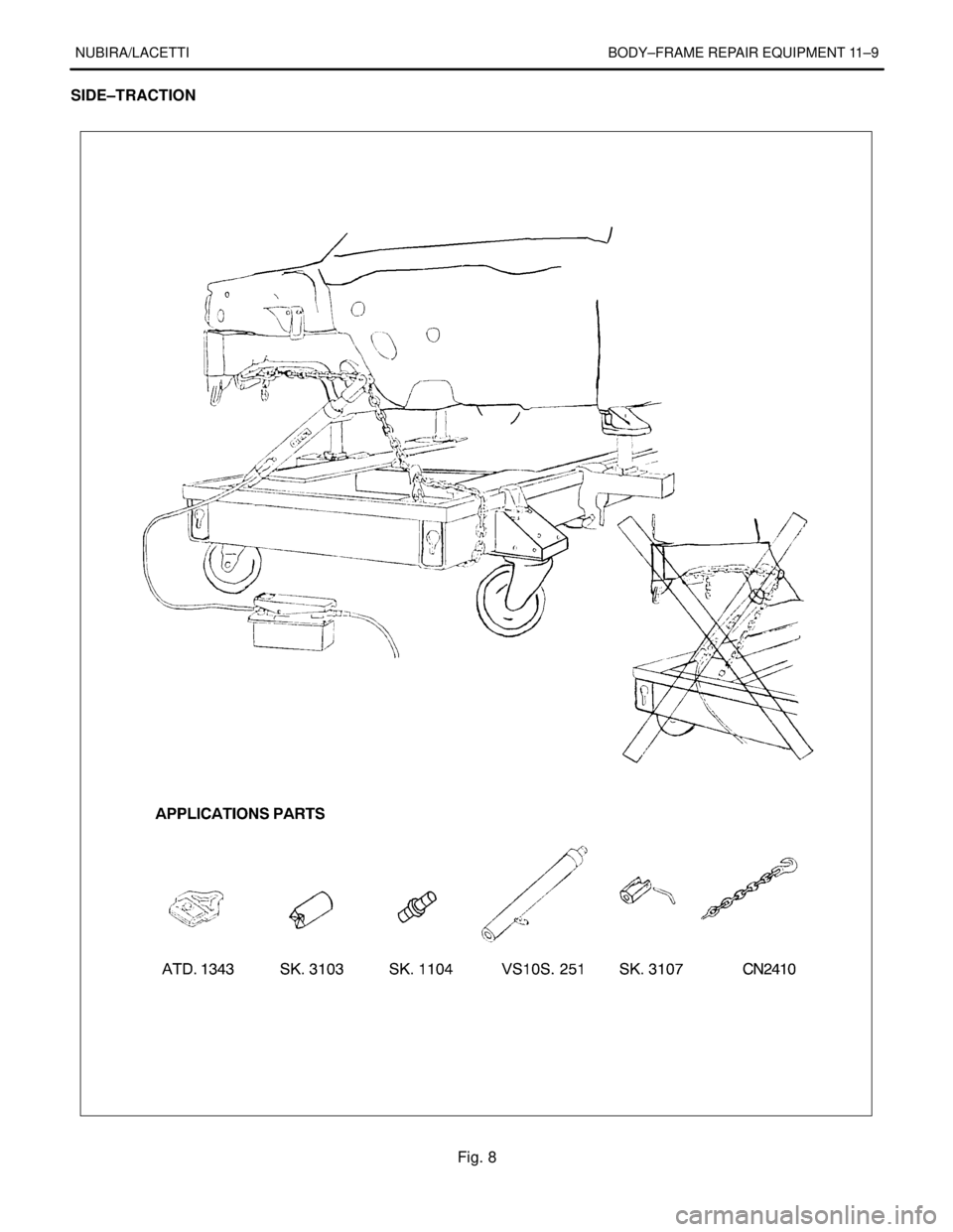 DAEWOO NUBIRA 2004 Service Repair Manual NUBIRA/LACETTI BODY–FRAME REPAIR EQUIPMENT 11–9
SIDE–TRACTION
Fig. 8 DAEWOO NUBIRA 2004 Service Repair Manual NUBIRA/LACETTI BODY–FRAME REPAIR EQUIPMENT 11–9
SIDE–TRACTION
Fig. 8