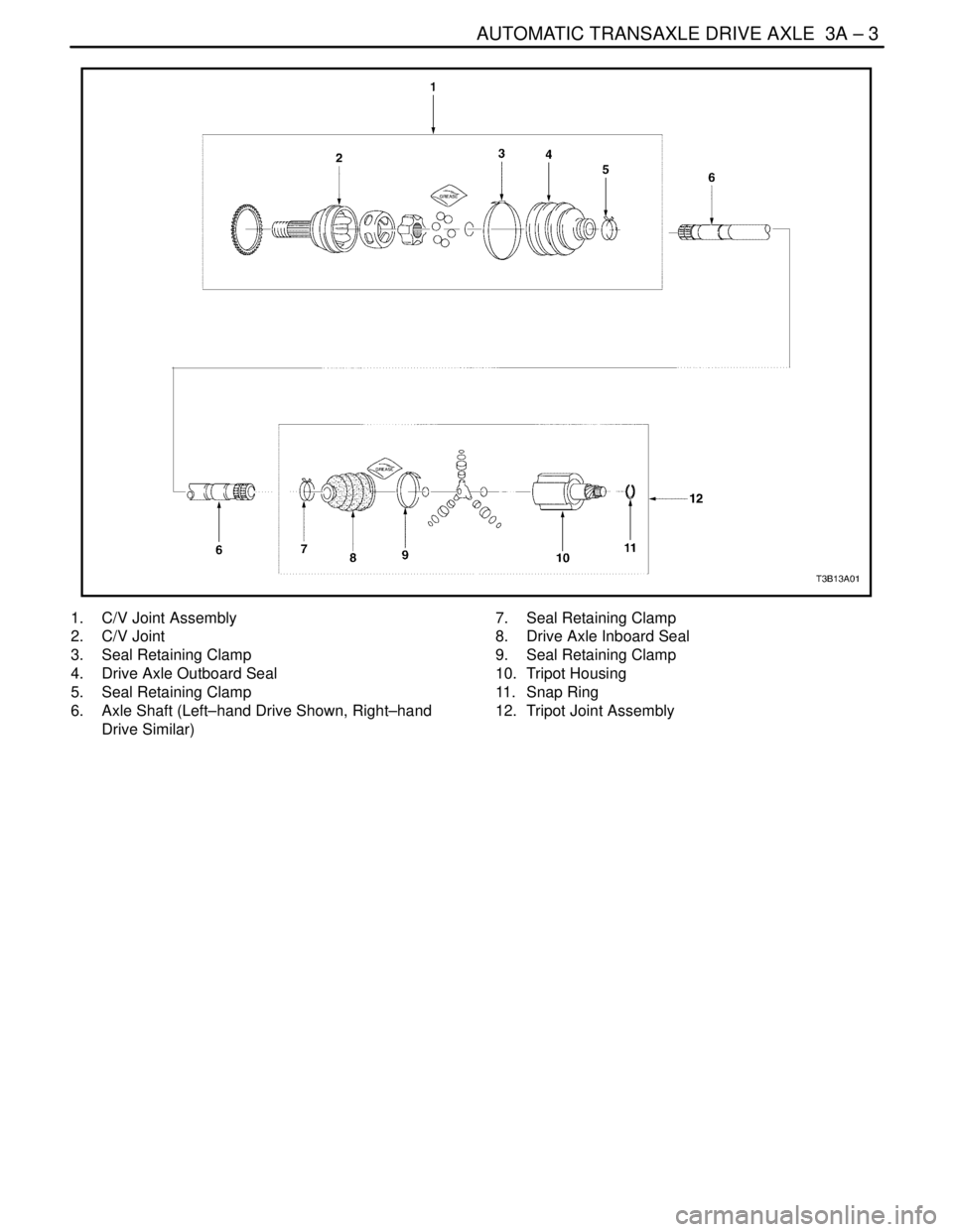 DAEWOO NUBIRA 2004  Service Repair Manual AUTOMATIC TRANSAXLE DRIVE AXLE  3A – 3
DAEWOO V–121 BL4
1.  C/V Joint Assembly
2. C/V Joint
3.  Seal Retaining Clamp
4.  Drive Axle Outboard Seal
5.  Seal Retaining Clamp
6.  Axle Shaft (Left–ha