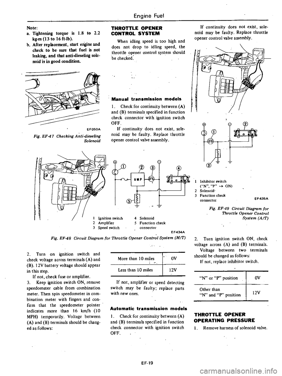DATSUN 210 1979  Service Manual 
1

Ignition 
switch

2

Amplifier

3

Speed 
switch
Note

a

Tightening 
torque 
is 
1 
8

to 
2 
2

kg 
m 
13 
to 
16 
ft 
Ib

b 
After

replacement 
start

engine 
and

check 
to 
be 
sure 
that 
f
