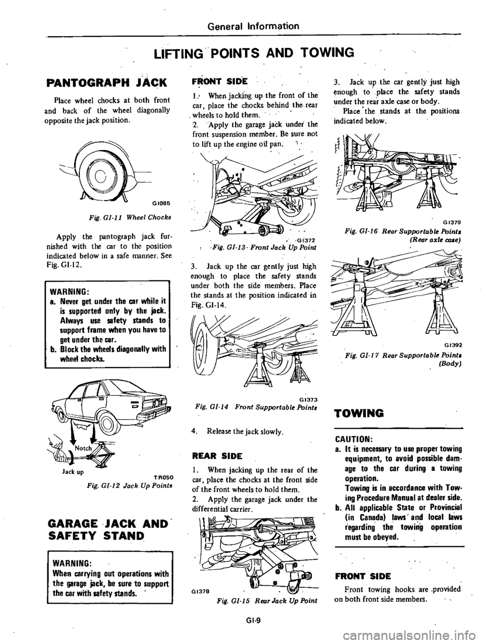 DATSUN 210 1979  Service Manual 
General 
Information

LIFTING 
POINTS 
AND 
TOWING

PANTOGRAPH 
JACK

Place 
wheel 
chocks 
at 
both 
front

and

back 
of 
the 
wheel

diagonally

opposite 
the

jack 
position

GIOB5

Fig 
GI 
I 
I