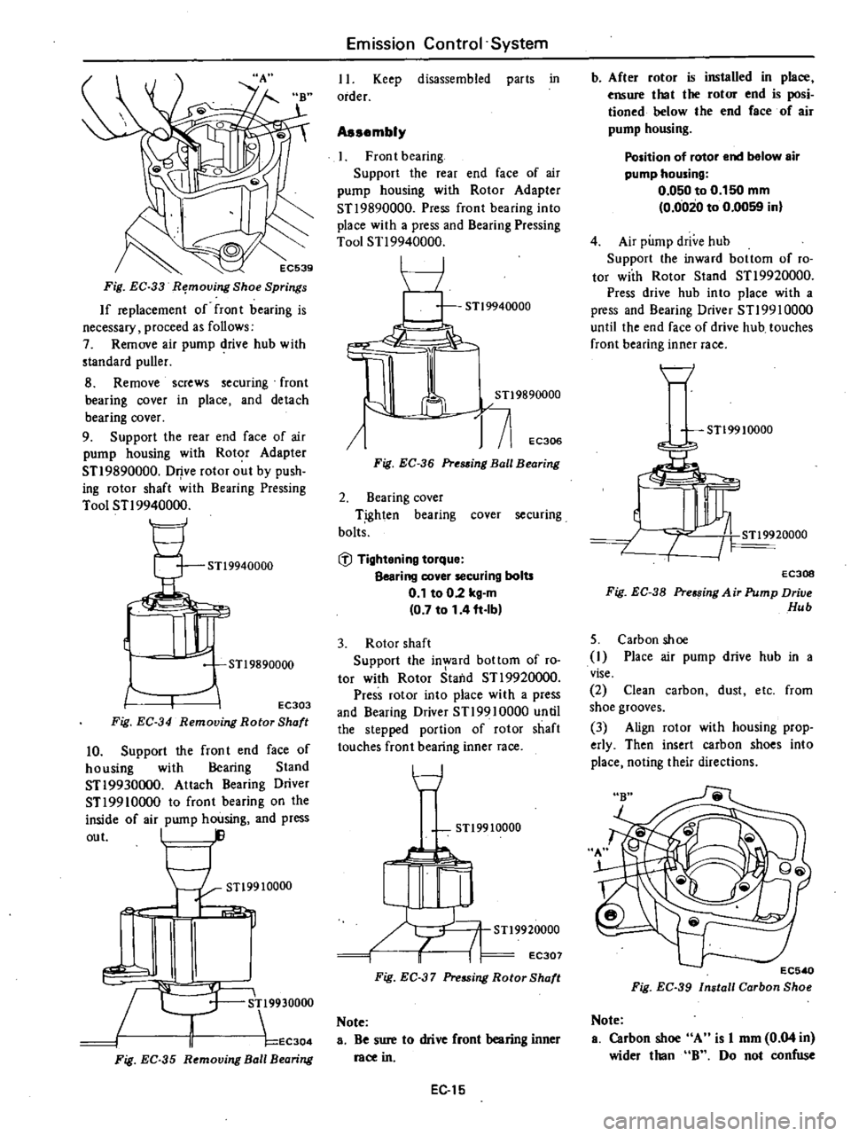 DATSUN 210 1979 Service Manual
Fig
EC
33
R
moving
Shoe
Springs
If
replacement
of
fron
t
bearing
is
necessary
proceed
as
follows
7
Remove
air
pump
drive
hub
with
standard
puller
8
Remove
screws
securin DATSUN 210 1979 Service Manual
Fig
EC
33
R
moving
Shoe
Springs
If
replacement
of
fron
t
bearing
is
necessary
proceed
as
follows
7
Remove
air
pump
drive
hub
with
standard
puller
8
Remove
screws
securin