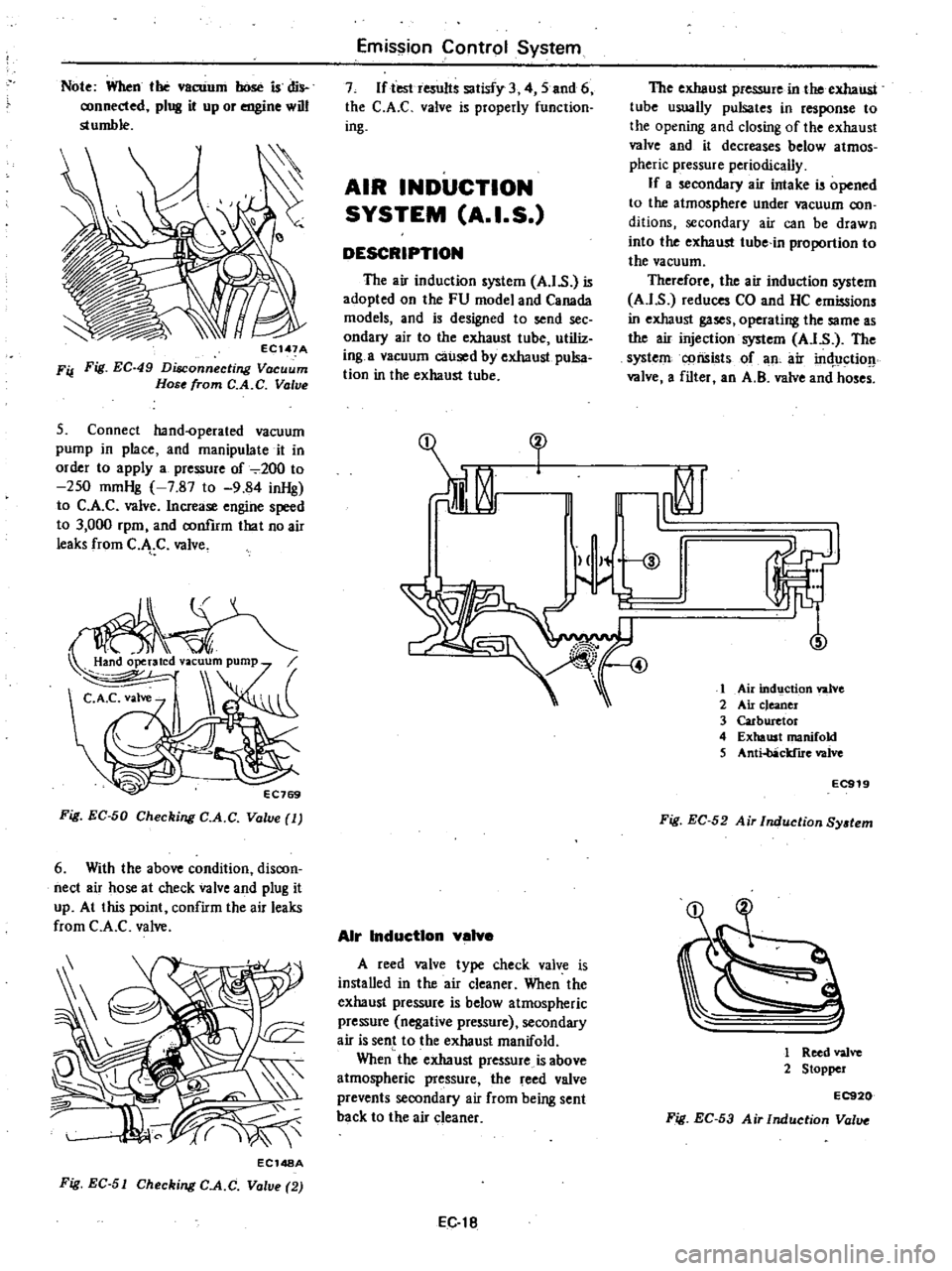 DATSUN 210 1979 User Guide 
Note 
When 
tho 
vaCUUm 
hose

is 
dis

connected

plug 
it

up 
or

engine 
will

stumble

EC 
47A

FiJ 
Fig 
EC 
49

Disconnecting 
Vacuum

Hose

from 
C 
A

C 
Valve

5

Connect

hand
operated 
va