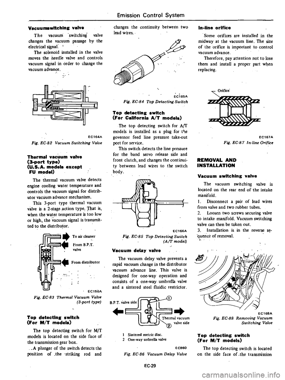 DATSUN 210 1979 Service Manual
Vacuumswltching
valve
The
vacuum
switching
valve
changes
the
vacuum
passage
by
the
electrical
signa
The
solenoid
installed
in
the
valve
moves
the
needle
valve
and
controls
v DATSUN 210 1979 Service Manual
Vacuumswltching
valve
The
vacuum
switching
valve
changes
the
vacuum
passage
by
the
electrical
signa
The
solenoid
installed
in
the
valve
moves
the
needle
valve
and
controls
v