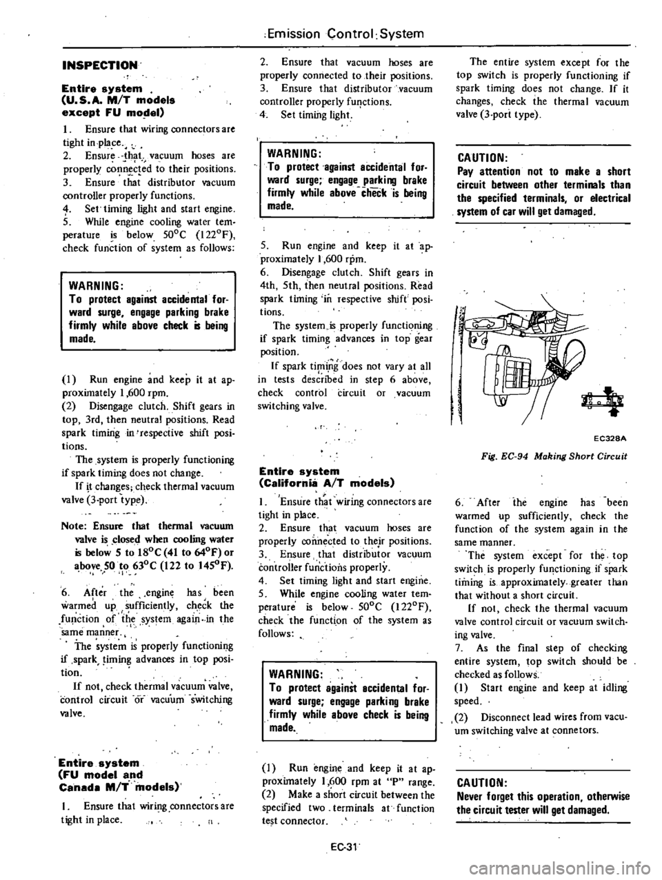 DATSUN 210 1979 User Guide 
INSPECTION

Entire

system

U 
S 
A 
MIT

models

except 
FU 
mo

el

1 
Ensure 
that

wiring 
connectors 
are

tight 
in

pla 
ce

2 
Ensure 
that

vacuum 
hoses

are

properly

cof
1o 
c 
ed 
to

t