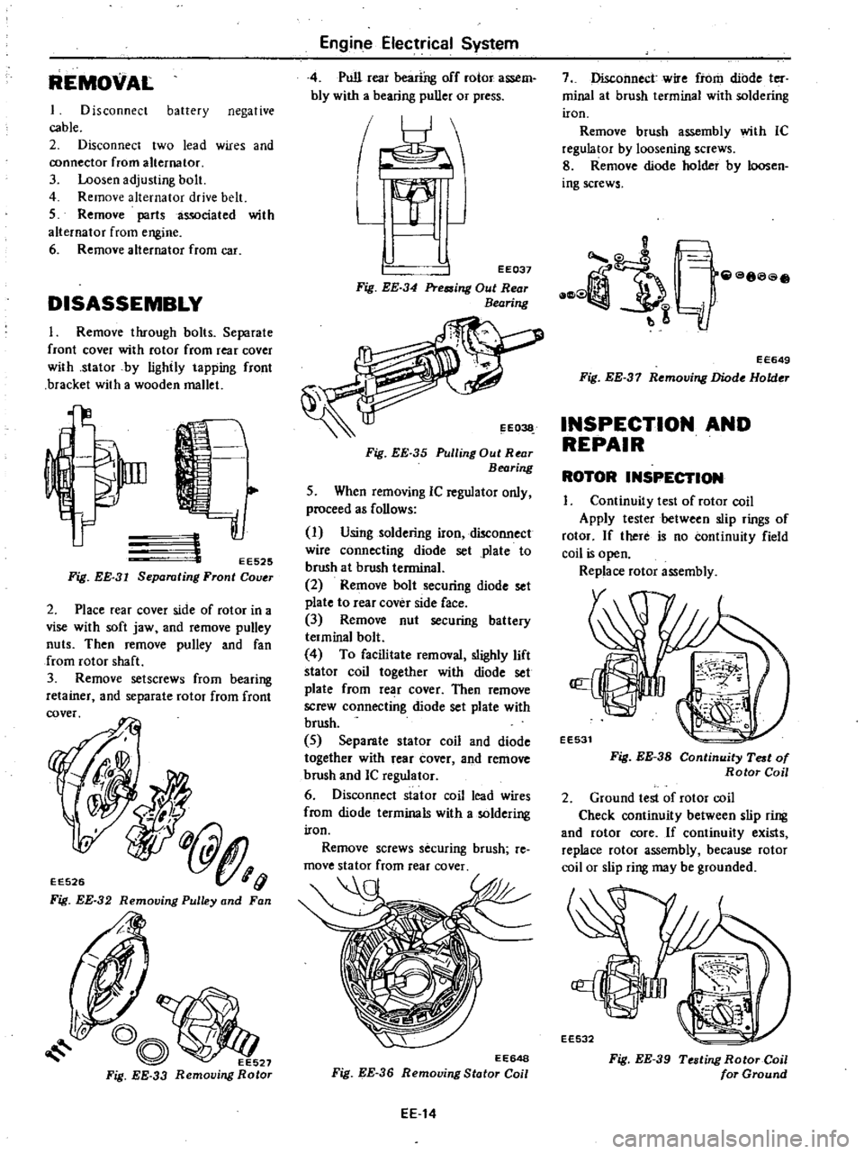 DATSUN 210 1979 Service Manual
REMOVAL
1
Disconnect
battery
negative
cable
2
Disconnect
two
lead
wires
and
oonnector
from
alternator
3
Loosen
adjusting
bolt
4
Remove
alternator
drive
belt
5
Remove
parts
DATSUN 210 1979 Service Manual
REMOVAL
1
Disconnect
battery
negative
cable
2
Disconnect
two
lead
wires
and
oonnector
from
alternator
3
Loosen
adjusting
bolt
4
Remove
alternator
drive
belt
5
Remove
parts