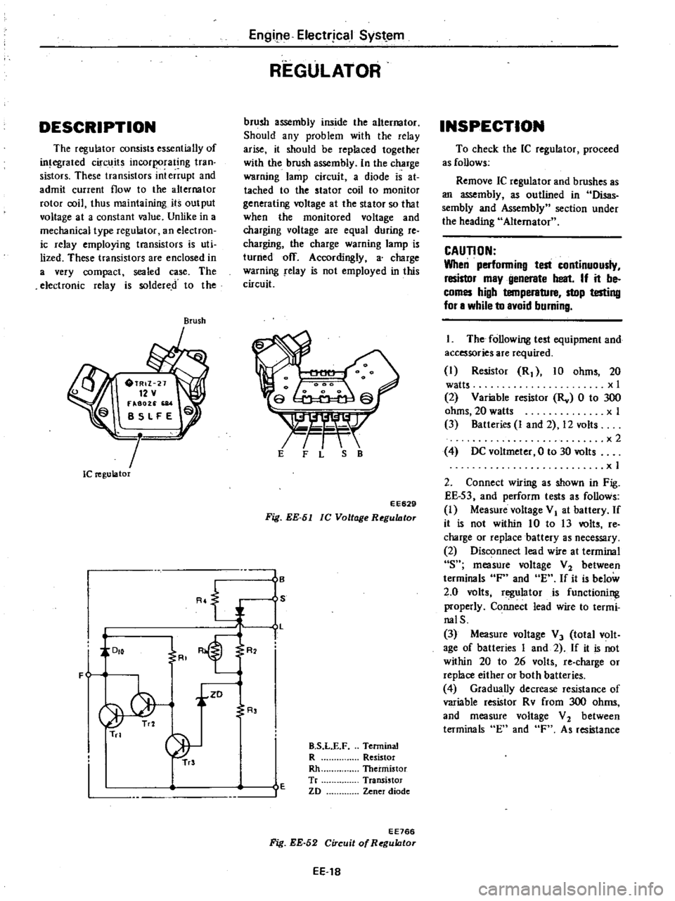 DATSUN 210 1979 Service Manual
DESCRIPTION
The
regulator
consists
essentially
of
in
egrated
circuits
incorporating
tran
sistors
These
transistors
int
errupt
and
admit
current
flow
to
the
alternator
rotor
co DATSUN 210 1979 Service Manual
DESCRIPTION
The
regulator
consists
essentially
of
in
egrated
circuits
incorporating
tran
sistors
These
transistors
int
errupt
and
admit
current
flow
to
the
alternator
rotor
co