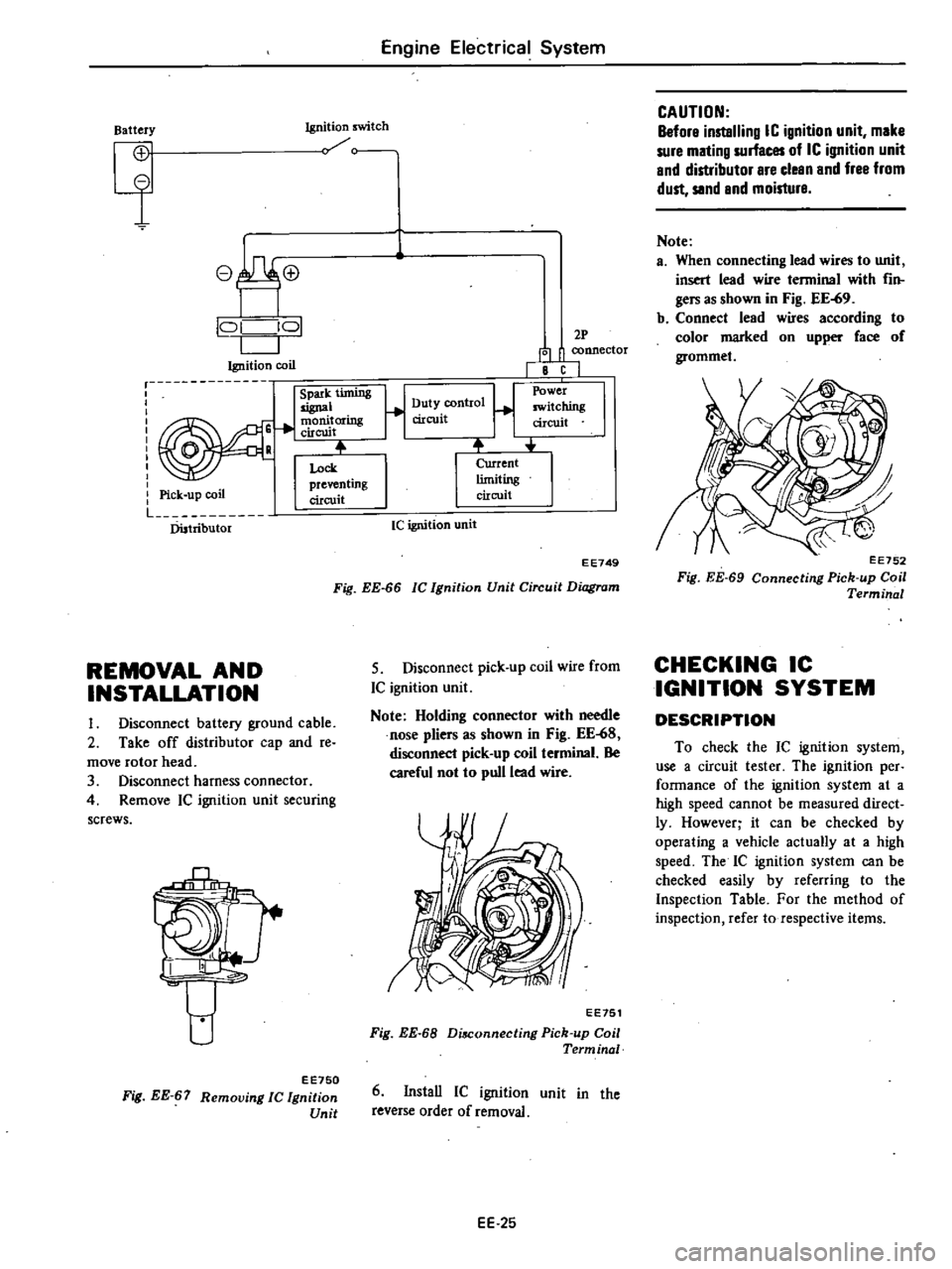 DATSUN 210 1979 User Guide 
Engine 
Electrical

System

Battery 
Ignition 
switch

CG

1

e 
@

P 
L 
JO

L
J

Ignition 
coil

r

Spark 
timing

signal

I

oni
1oring

Clfcwt

0 
R

Lock

Pi 
k 
il 
preventing

c

up 
co

circu