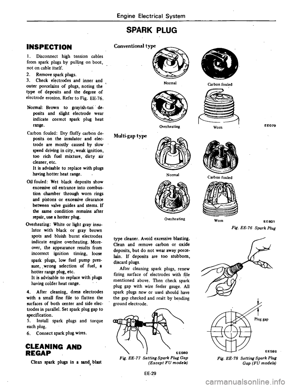 DATSUN 210 1979 Service Manual
INSPECTION
I
Disconnect
high
tension
cables
from
spark
plugs
by
pulling
on
boot
not
on
cable
itself
2
Remove
spark
plugs
3
Check
electrodes
and
inner
and
outer
porcelains DATSUN 210 1979 Service Manual
INSPECTION
I
Disconnect
high
tension
cables
from
spark
plugs
by
pulling
on
boot
not
on
cable
itself
2
Remove
spark
plugs
3
Check
electrodes
and
inner
and
outer
porcelains