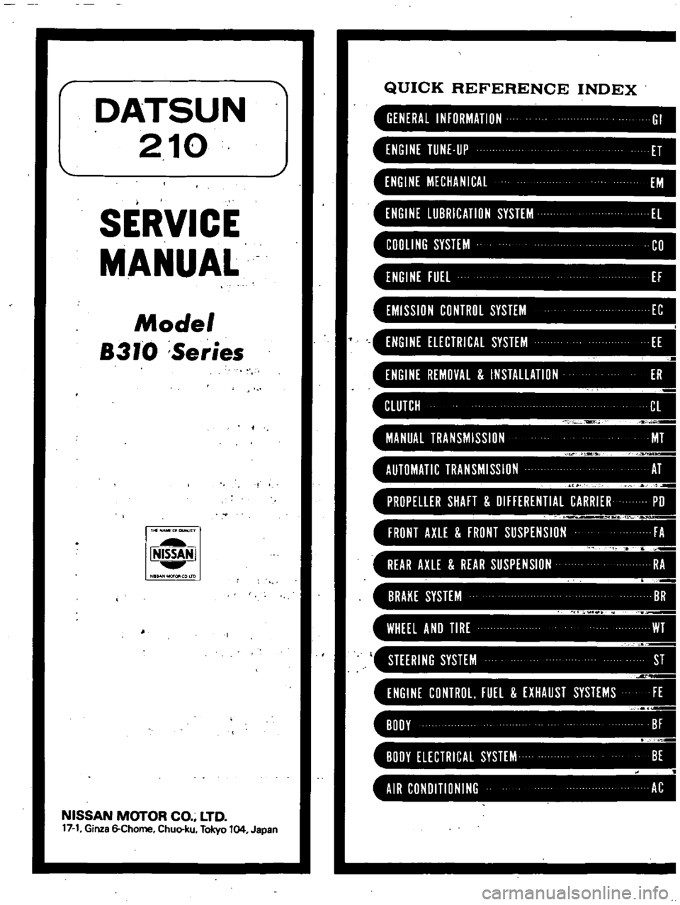 DATSUN 210 1979  Service Manual 
DATSUN

210

SERVICE

MANUAL

Model

8310 
Series

T

OfOUoW
lTY

INISSAN

N 
OIlCOIIO

NISSAN 
MOTOR

CO 
LTD

17 
1

Ginza 
6 
Chome

Chuo 
ku

Tokyo 
104

Japan 
QUICK 
REFERENCE

INDEX

GENERAL 
