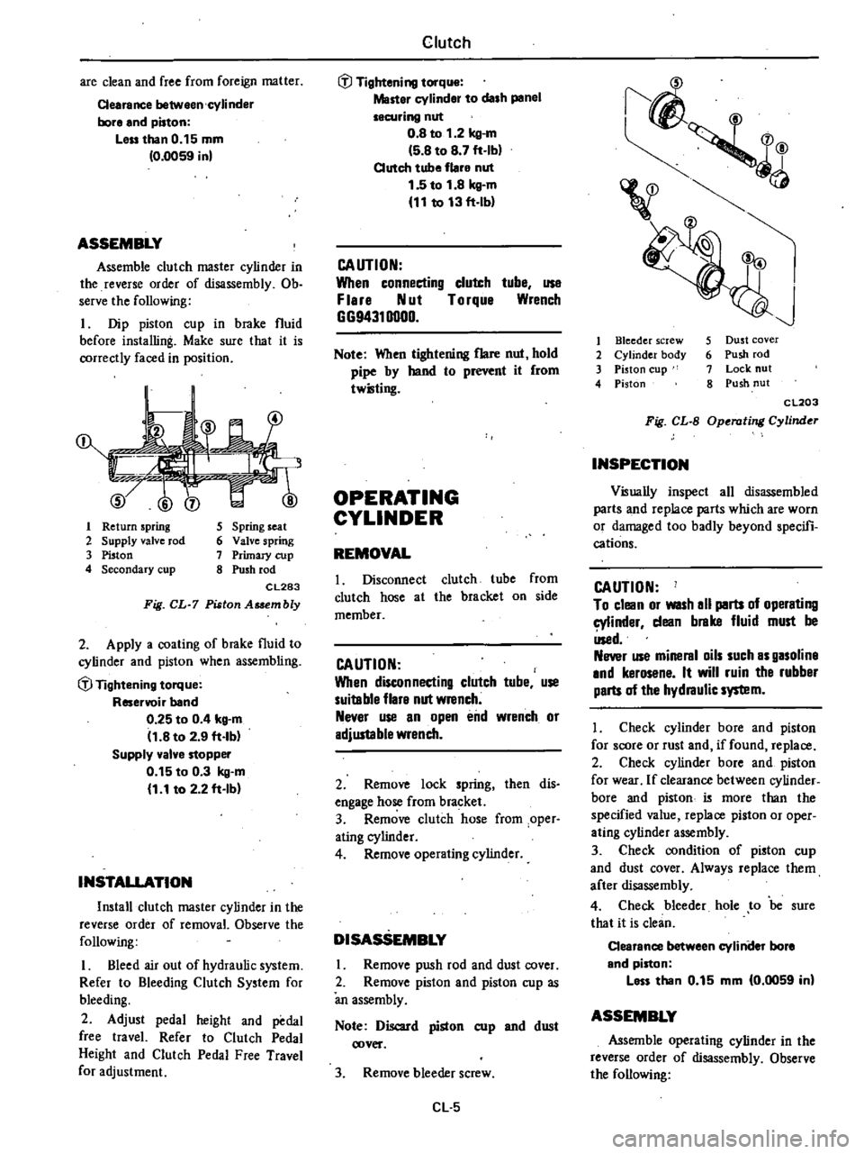 DATSUN 210 1979  Service Manual 
are

clean 
and 
free 
from

foreign 
matter

Cearance 
between

cylinder

bore 
and

piston

Leu 
than 
0 
15

mm

0 
0059 
in

ASSEMBLY

Assemble 
clutch 
master

cylinder 
in

the 
reverse 
order 