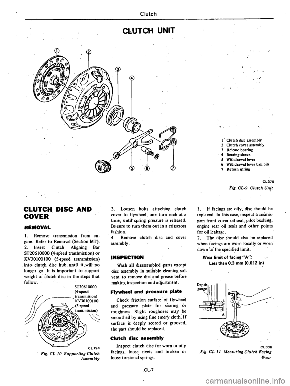 DATSUN 210 1979 Owners Manual
CLUTCH
DISC
AND
COVER
REMOVAL
1
Remove
transmission
from
en
gine
Refer
to
Removal
Section
MT
2
Insert
Clutch
Aligning
Bar
ST20610000
4
speed
tranSmission
or
KV30100IOO
5
s DATSUN 210 1979 Owners Manual
CLUTCH
DISC
AND
COVER
REMOVAL
1
Remove
transmission
from
en
gine
Refer
to
Removal
Section
MT
2
Insert
Clutch
Aligning
Bar
ST20610000
4
speed
tranSmission
or
KV30100IOO
5
s