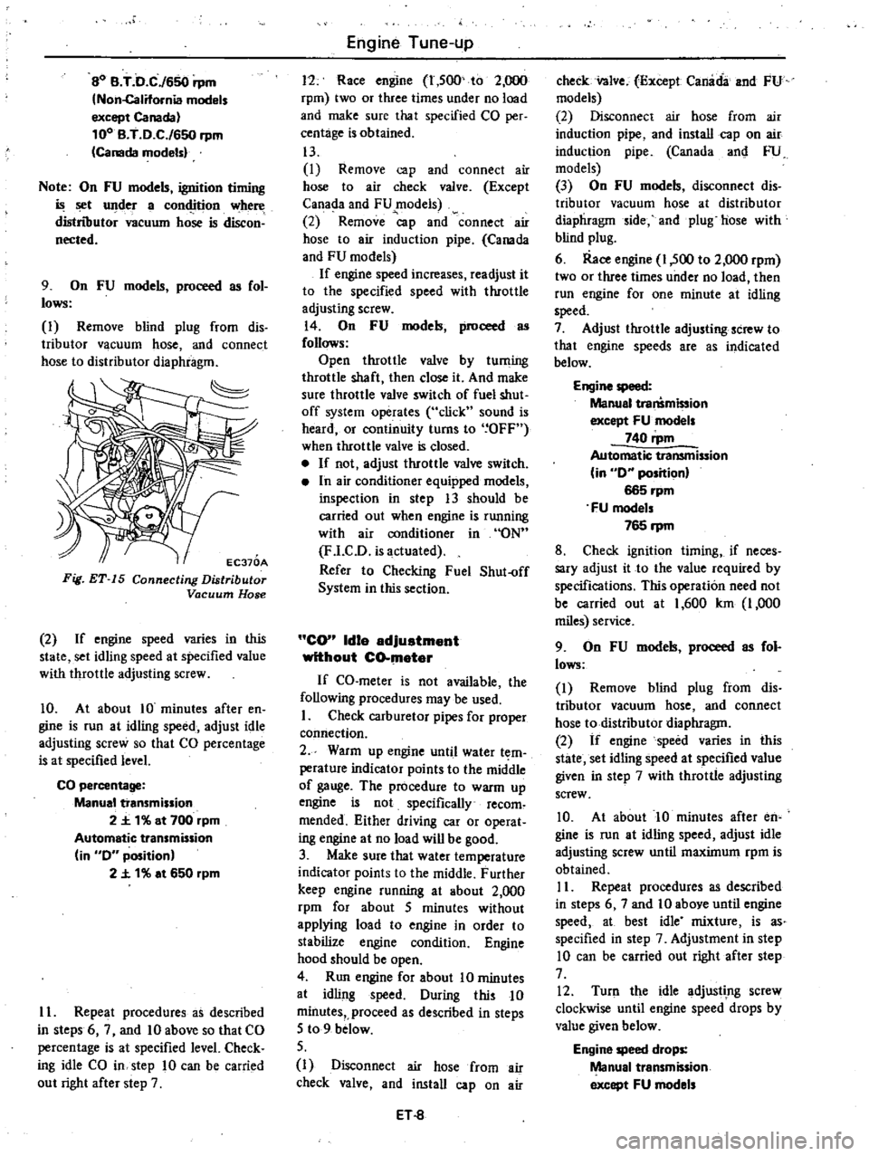 DATSUN 210 1979  Service Manual 
SO 
B 
T 
D 
C

650

rpm

Non
California 
models

except 
Canada

100 
B 
T 
0 
C 
650

rpm

Canada 
models

Note 
On 
FU

models

ignition 
timing

t 
under 
a

con4ition 
where

distnoutor

vacuum 