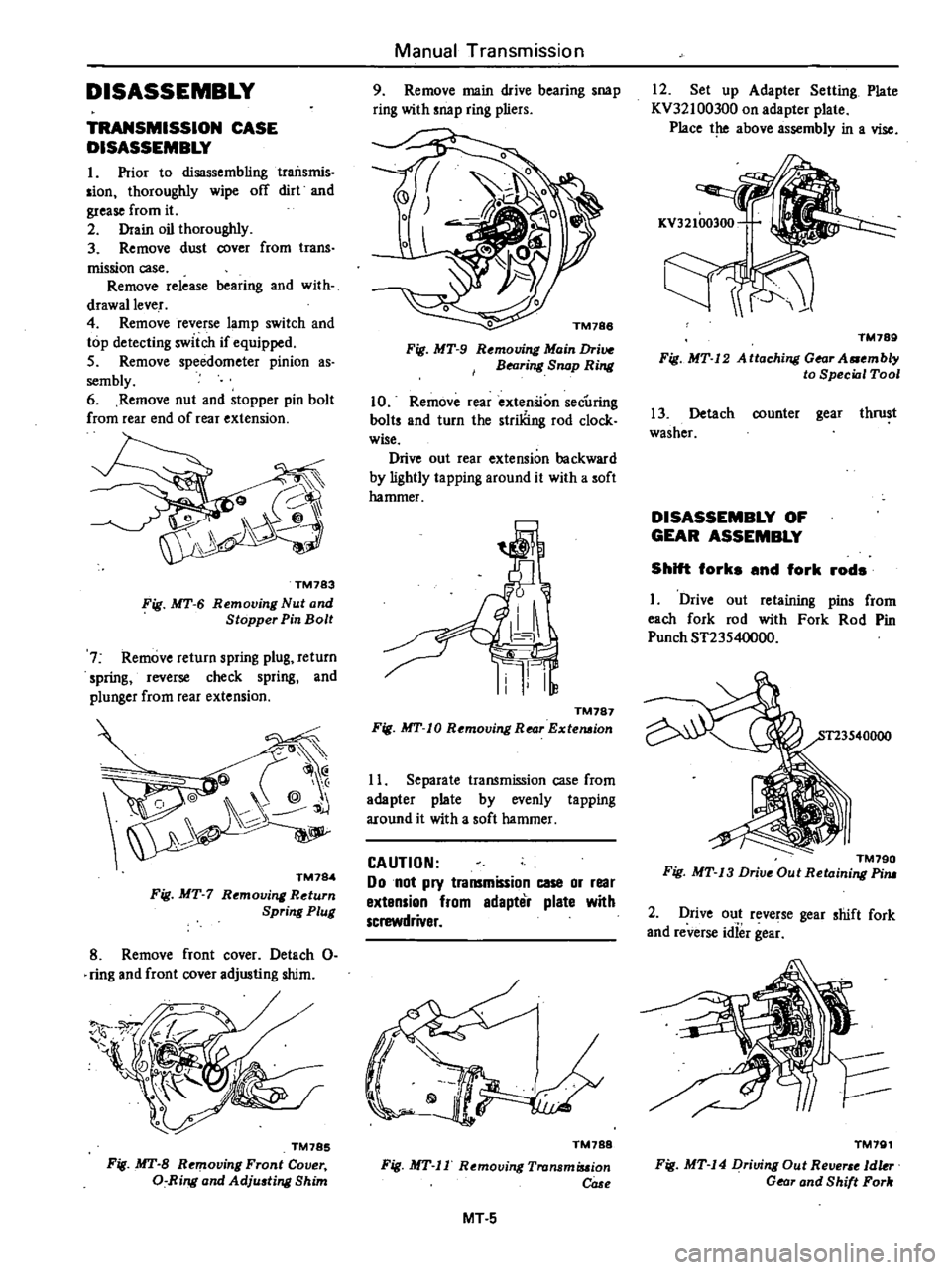 DATSUN 210 1979 Service Manual
DISASSEMBLY
TRANSMISSION
CASE
DISASSEMBLY
I
Prior
to
disassembling
traiIsmis
sian
thoroughly
wipe
off
dirt
and
grease
from
it
2
Drain
oil
thoroughly
3
Remove
dust
cover
from DATSUN 210 1979 Service Manual
DISASSEMBLY
TRANSMISSION
CASE
DISASSEMBLY
I
Prior
to
disassembling
traiIsmis
sian
thoroughly
wipe
off
dirt
and
grease
from
it
2
Drain
oil
thoroughly
3
Remove
dust
cover
from