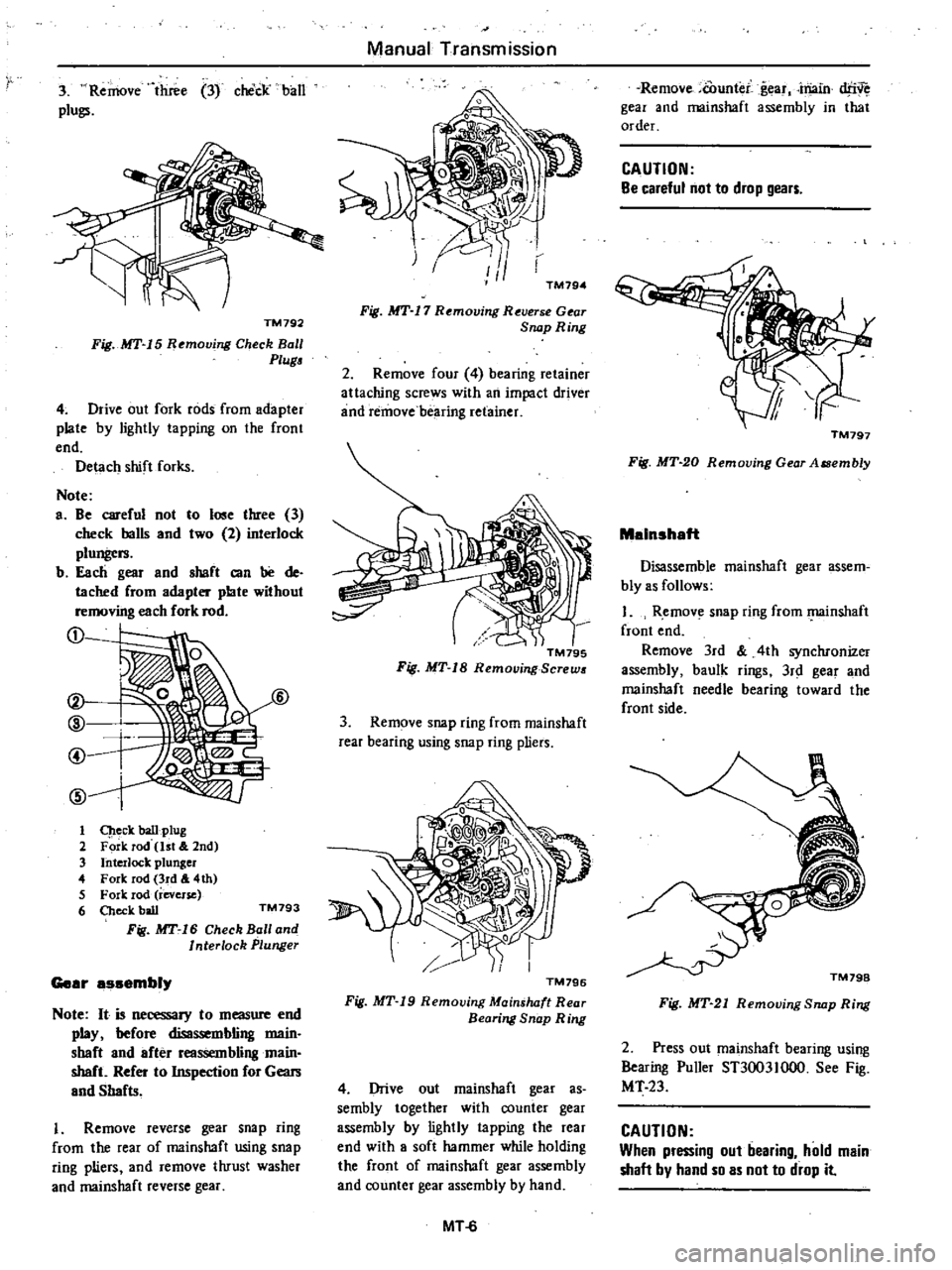 DATSUN 210 1979 Service Manual
3
Remove
three
3
chick
ball
plugs
TM792
Fig
MT
15
Removing
Check
Ball
Plug
4
Drive
out
fork
rods
from
adapter
plate
by
lightly
tapping
on
the
front
end
Detach
shift
fo DATSUN 210 1979 Service Manual
3
Remove
three
3
chick
ball
plugs
TM792
Fig
MT
15
Removing
Check
Ball
Plug
4
Drive
out
fork
rods
from
adapter
plate
by
lightly
tapping
on
the
front
end
Detach
shift
fo