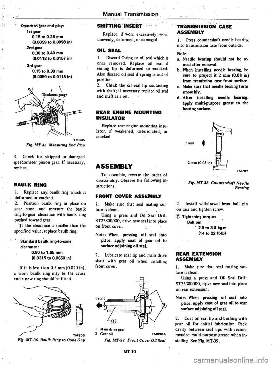 DATSUN 210 1979 Service Manual
standard
gea
end
play
1st
gear
0
15
to
0
25
mm
0
0059
to
0
0098
inl
2nd
gear
0
30
to
0
40
mm
0
0118
to
0
0157
in
3rd
gear
0
15
to
0
30
mm
0
0059
to
0
0118
DATSUN 210 1979 Service Manual
standard
gea
end
play
1st
gear
0
15
to
0
25
mm
0
0059
to
0
0098
inl
2nd
gear
0
30
to
0
40
mm
0
0118
to
0
0157
in
3rd
gear
0
15
to
0
30
mm
0
0059
to
0
0118
