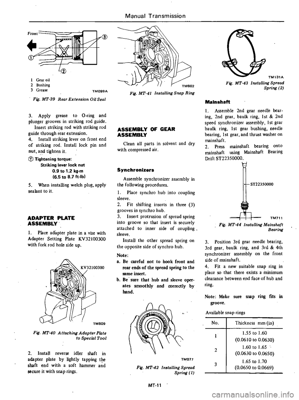 DATSUN 210 1979 Service Manual
Front
if
r@
t
1
1
Gear
oil
2
Bushing
3
Grease
TM099A
Fig
MT
39
Rear
Extension
Oil
Seal
3
Apply
grease
to
D
ring
and
plunger
grooves
in
striking
rod
guide
Insert
stri DATSUN 210 1979 Service Manual
Front
if
r@
t
1
1
Gear
oil
2
Bushing
3
Grease
TM099A
Fig
MT
39
Rear
Extension
Oil
Seal
3
Apply
grease
to
D
ring
and
plunger
grooves
in
striking
rod
guide
Insert
stri