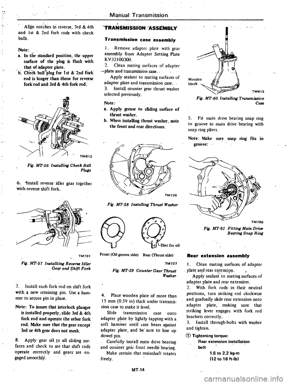 DATSUN 210 1979 Service Manual
Align
notches
in
reverse
3rd
4th
and
1st
2nd
fork
rods
with
check
balls
Note
a
In
the
standard
position
the
upper
surface
of
the
ping
is
nush
with
thaI
of
adapter
plat DATSUN 210 1979 Service Manual
Align
notches
in
reverse
3rd
4th
and
1st
2nd
fork
rods
with
check
balls
Note
a
In
the
standard
position
the
upper
surface
of
the
ping
is
nush
with
thaI
of
adapter
plat